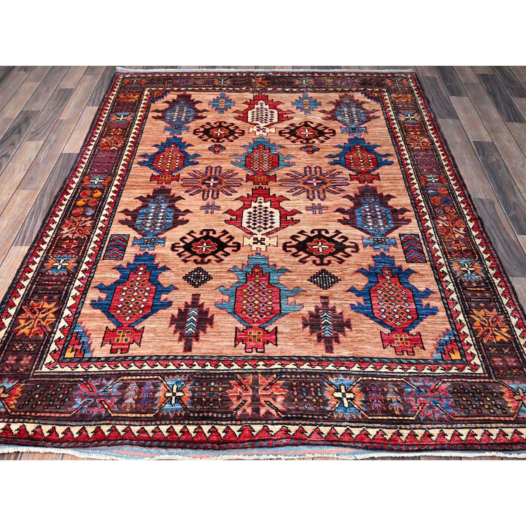 5'x6'7" Cantaloupe Orange, Afghan Ersari with Turkish Knot, Caucasian Design Revival, Vegetable Dyes, Densely Woven, Hand Knotted, Soft Wool, Oriental Rug Sh596