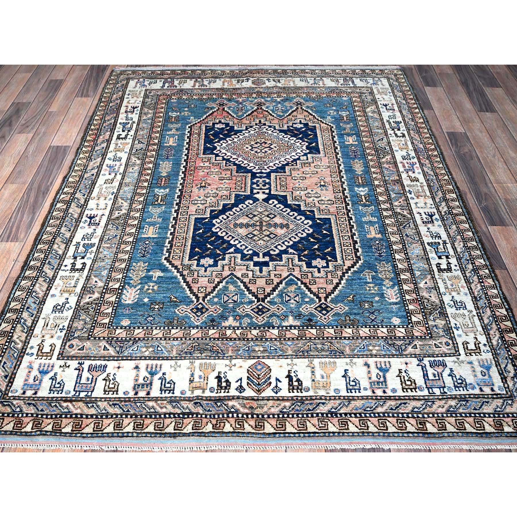 5'x6'3" Crepe Pink, Afghan Ersari with Turkish Knot, Caucasian Design Revival, Ancient Bird Figurines, Vegetable Dyes, Densely Woven, Hand Knotted, Soft Wool, Oriental Rug Sh597