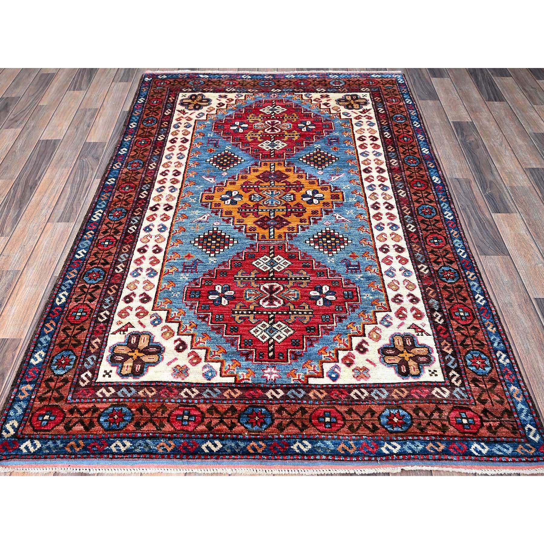 4'2"x6'2" Maya Blue, Afghan Ersari with Turkish Knot, Caucasian Design Revival, Vegetable Dyes, Densely Woven, Hand Knotted, Soft Wool, Oriental Rug Sh602