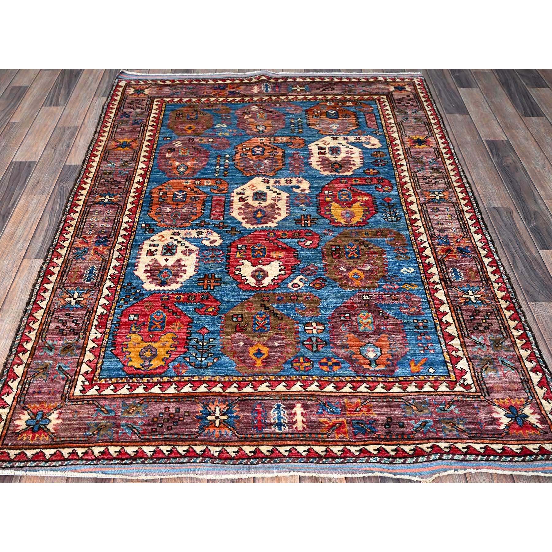 4'4"x5'9" Carolina Blue, Afghan Ersari with Turkish Knot, Caucasian Design Revival, Vegetable Dyes, Densely Woven, Hand Knotted, Soft and Velvety Wool, Oriental Rug Sh604