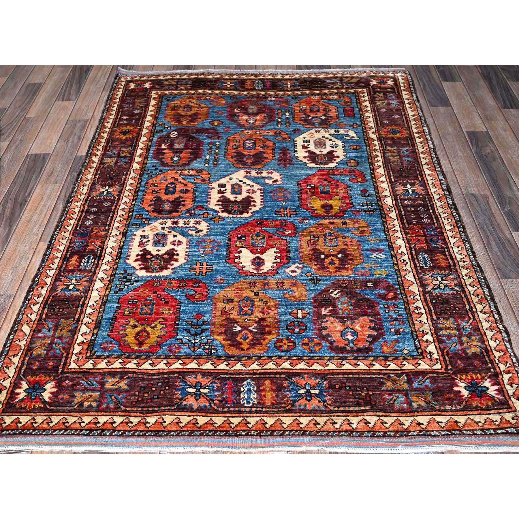 4'5"x5'10" Bayern Blue, Afghan Ersari with Turkish Knot, Caucasian Design Revival, Vegetable Dyes, Densely Woven, Hand Knotted, Soft 100% Wool, Oriental Rug Sh605