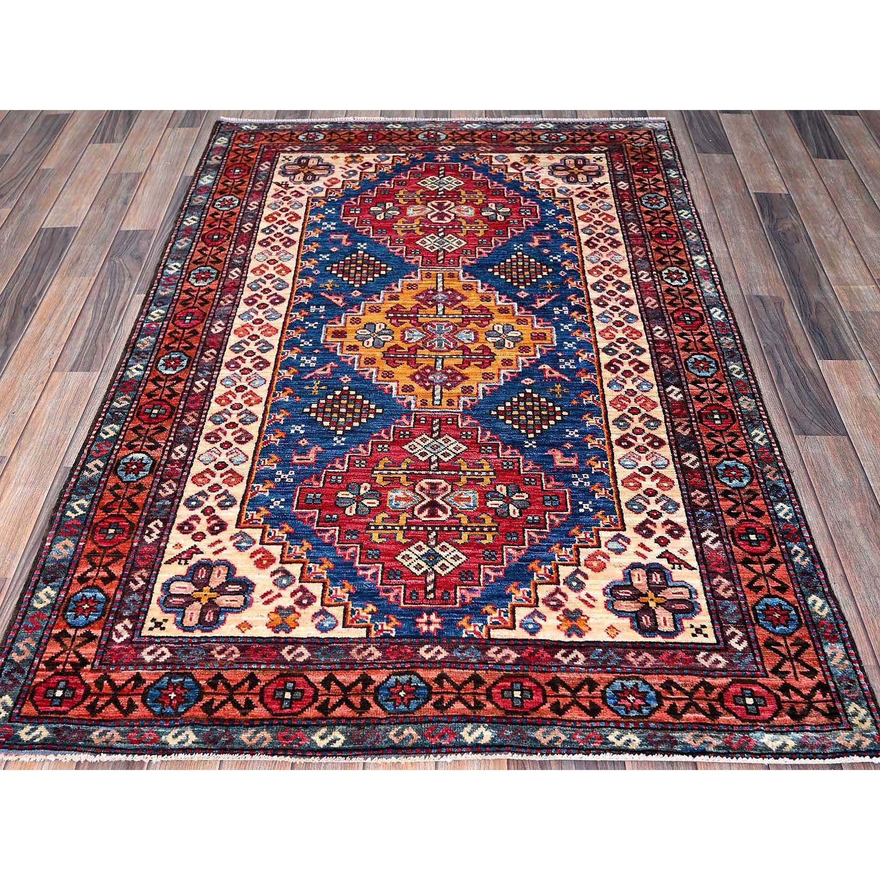 4'1"x5'9" Imperial Blue, Afghan Ersari with Turkish Knot, Caucasian Design Revival, Small Animals and Bird Figurines, Vegetable Dyes, Densely Woven, Hand Knotted, Soft Wool, Oriental Rug Sh606
