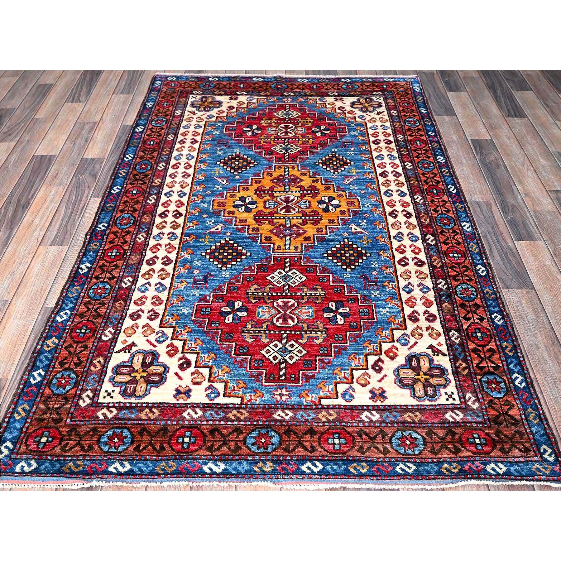 4'2"x6'3" Maya Blue, Afghan Ersari with Turkish Knot, Caucasian Design Revival, Small Bird and Animals Figurines, Vegetable Dyes, Densely Woven, Hand Knotted, Soft Wool, Oriental Rug Sh607