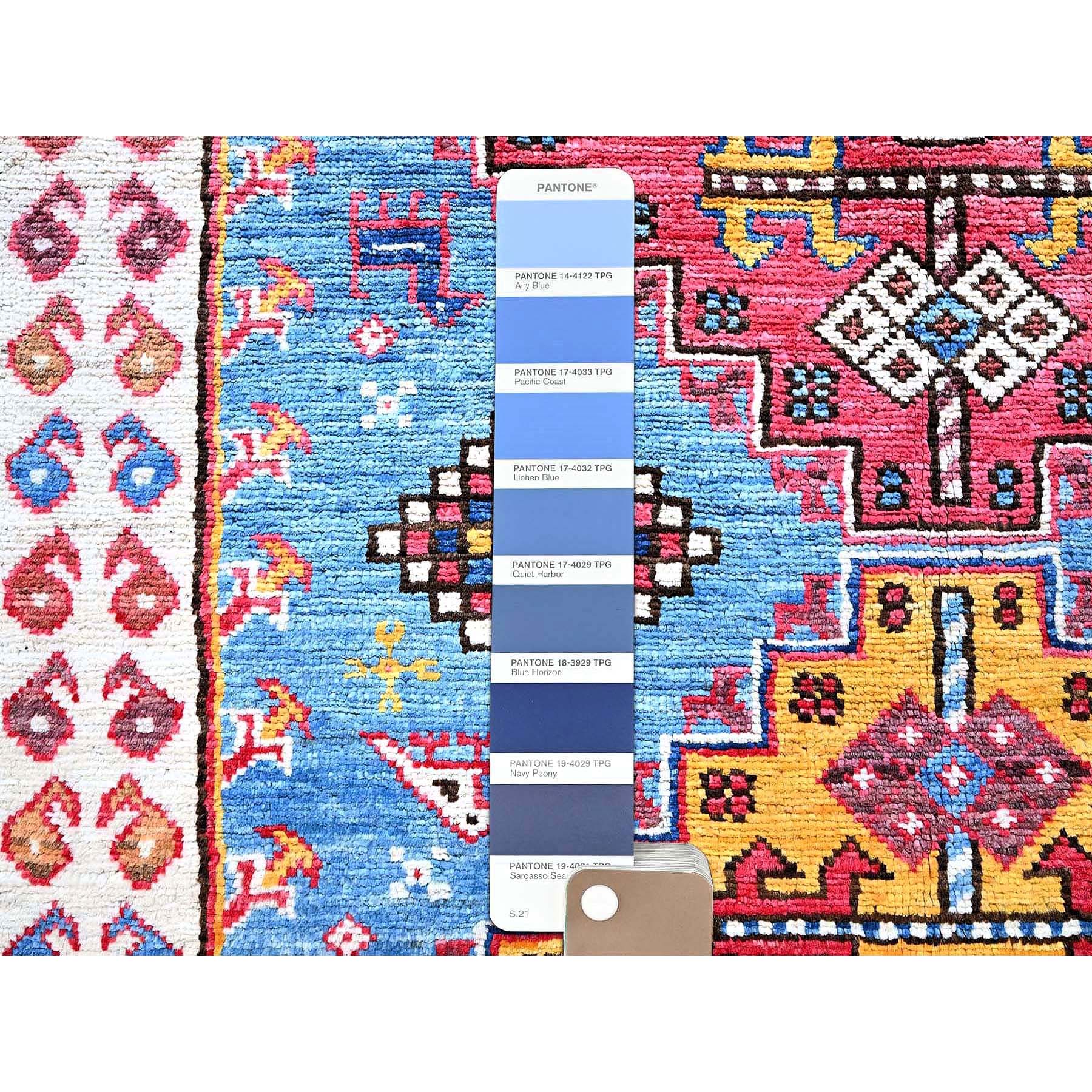 4'2"x6'3" Maya Blue, Afghan Ersari with Turkish Knot, Caucasian Design Revival, Small Bird and Animals Figurines, Vegetable Dyes, Densely Woven, Hand Knotted, Soft Wool, Oriental Rug Sh607