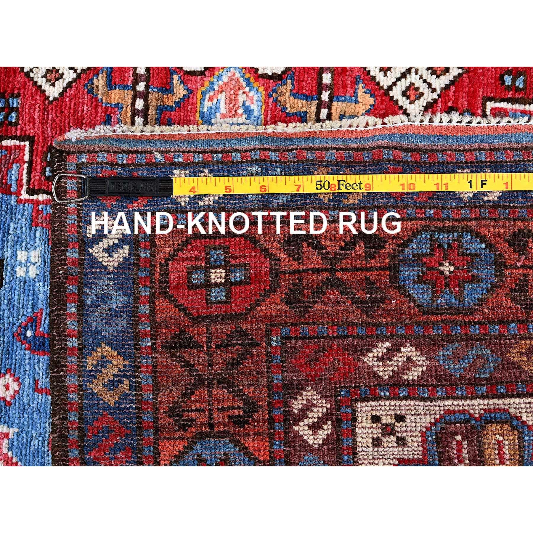 4'2"x6'3" Maya Blue, Afghan Ersari with Turkish Knot, Caucasian Design Revival, Small Bird and Animals Figurines, Vegetable Dyes, Densely Woven, Hand Knotted, Soft Wool, Oriental Rug Sh607