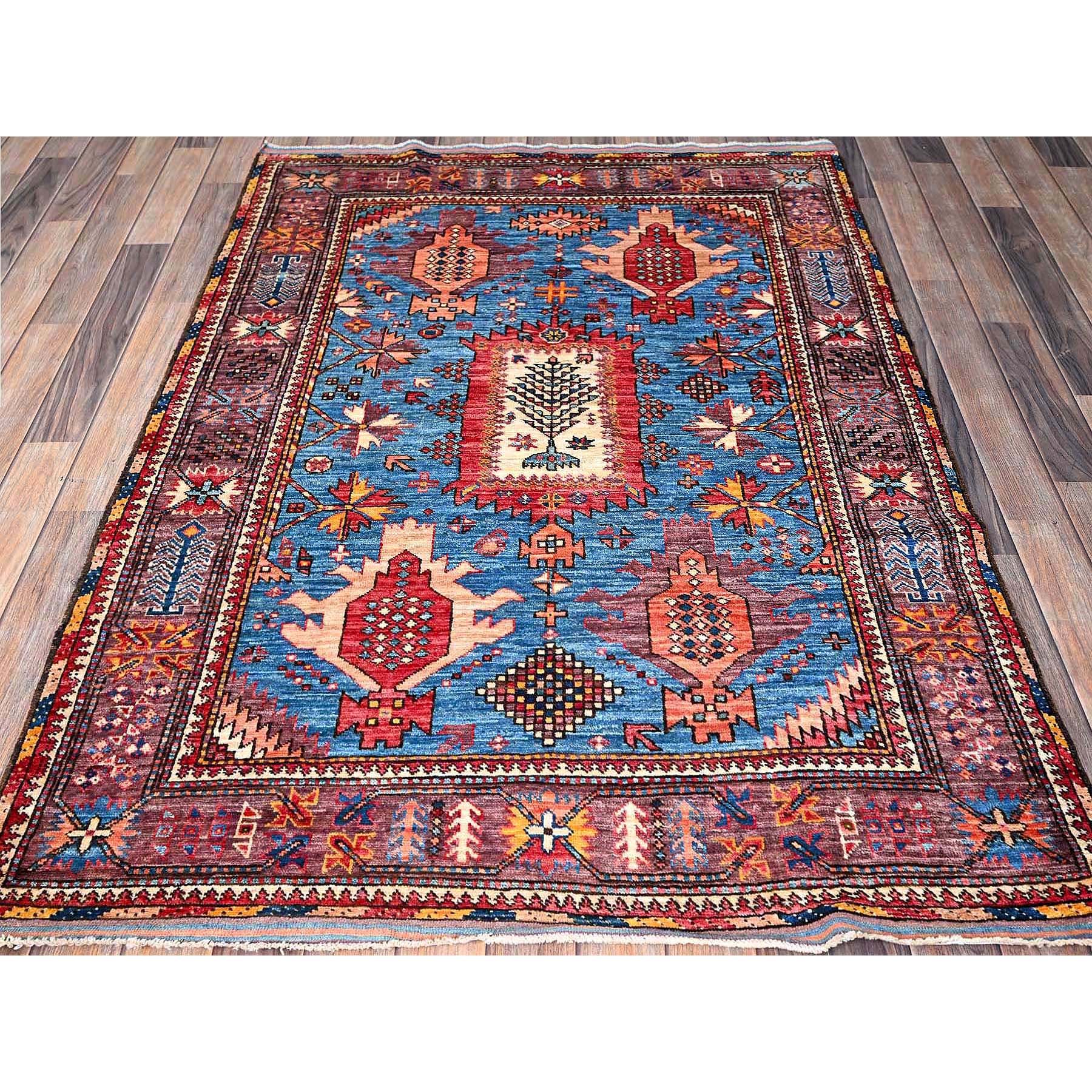 4'3"x5'7" Maya Blue, Afghan Ersari with Turkish Knot, Caucasian Design Revival, Vegetable Dyes, Densely Woven, Hand Knotted, Soft Wool, Oriental Rug Sh608