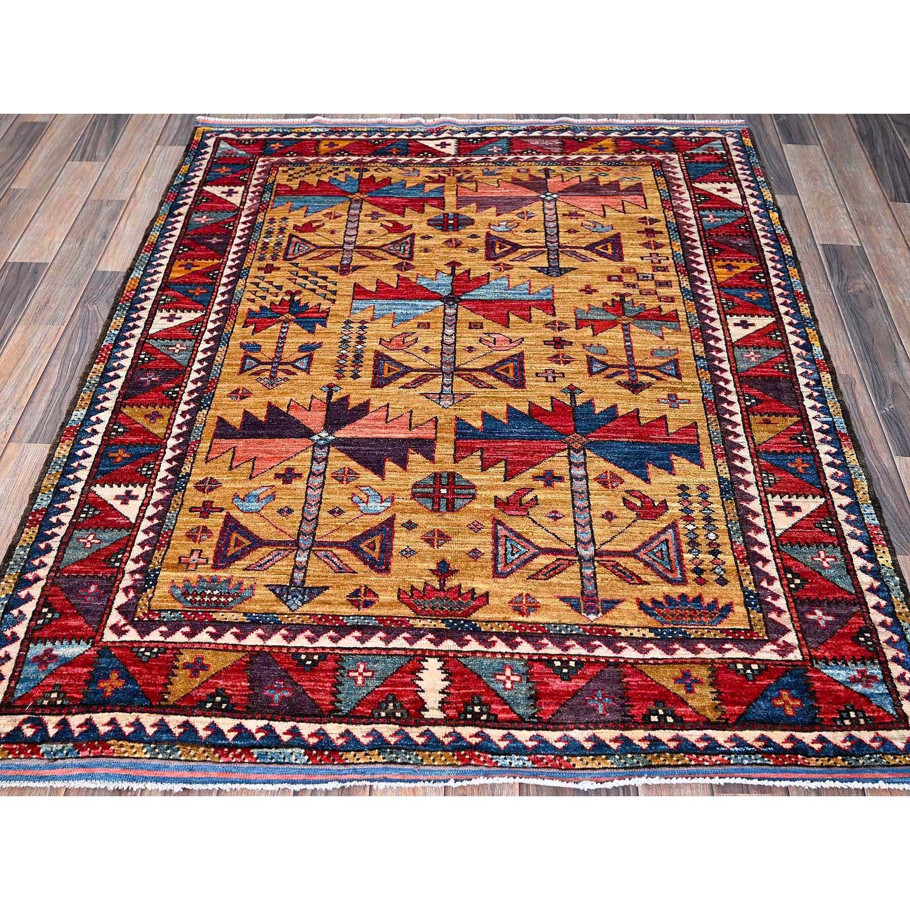 4'6"x5'2" Mustard Yellow, Afghan Ersari with Turkish Knot, Caucasian Design Revival, Vegetable Dyes, Densely Woven, Hand Knotted, Soft Wool, Oriental Rug Sh609