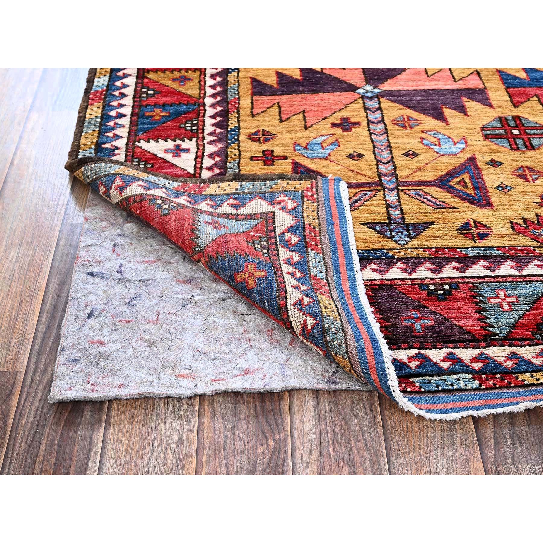 4'6"x5'2" Mustard Yellow, Afghan Ersari with Turkish Knot, Caucasian Design Revival, Vegetable Dyes, Densely Woven, Hand Knotted, Soft Wool, Oriental Rug Sh609