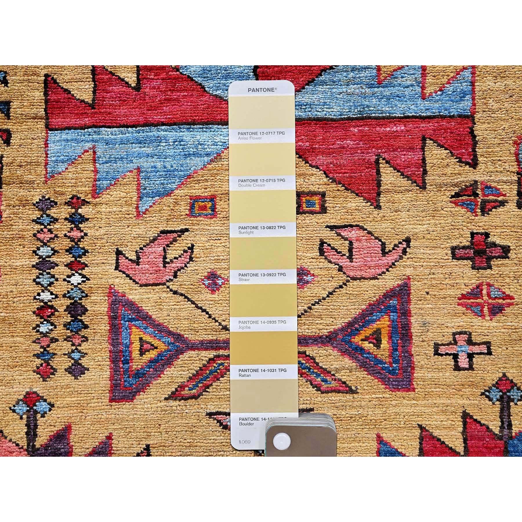 4'6"x5'2" Mustard Yellow, Afghan Ersari with Turkish Knot, Caucasian Design Revival, Vegetable Dyes, Densely Woven, Hand Knotted, Soft Wool, Oriental Rug Sh609