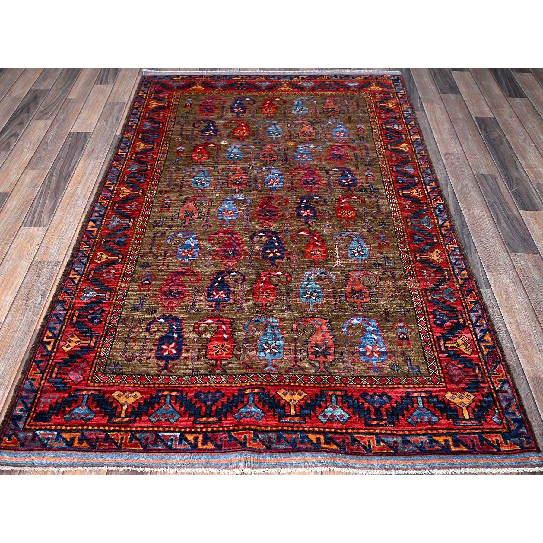 4'1"x5'10" Cedar Brown, Afghan Ersari with Turkish Knot, Caucasian Design Revival, Small Bird and Animal Figurines, Vegetable Dyes, Densely Woven, Hand Knotted, 100% Wool, Oriental Rug Sh611