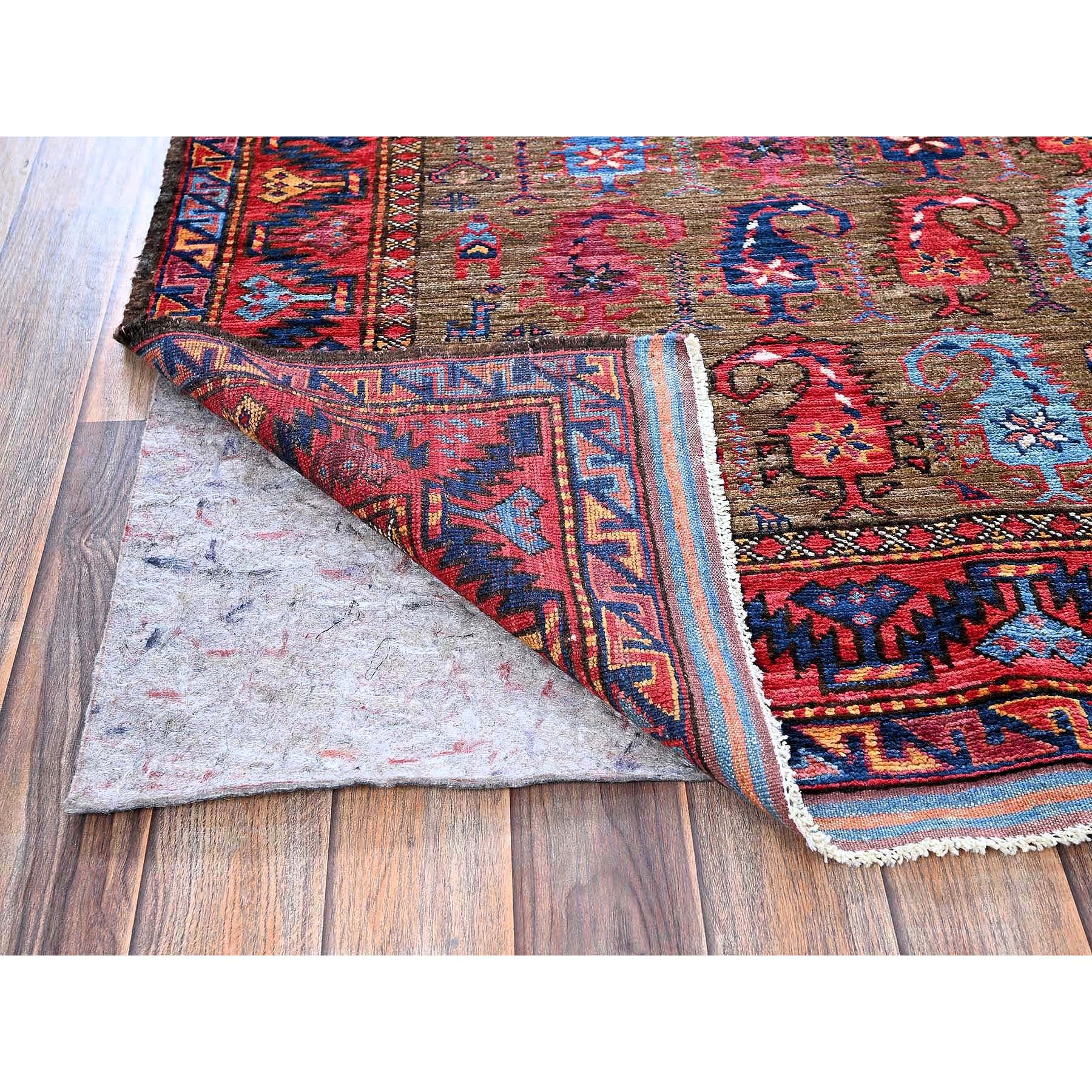 4'1"x5'10" Cedar Brown, Afghan Ersari with Turkish Knot, Caucasian Design Revival, Small Bird and Animal Figurines, Vegetable Dyes, Densely Woven, Hand Knotted, 100% Wool, Oriental Rug Sh611