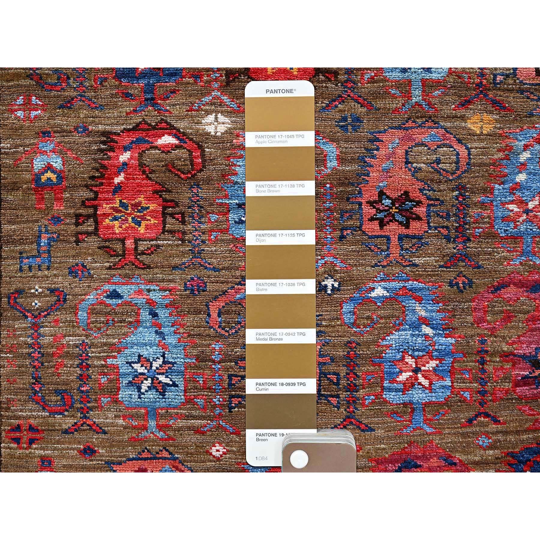4'1"x5'10" Cedar Brown, Afghan Ersari with Turkish Knot, Caucasian Design Revival, Small Bird and Animal Figurines, Vegetable Dyes, Densely Woven, Hand Knotted, 100% Wool, Oriental Rug Sh611