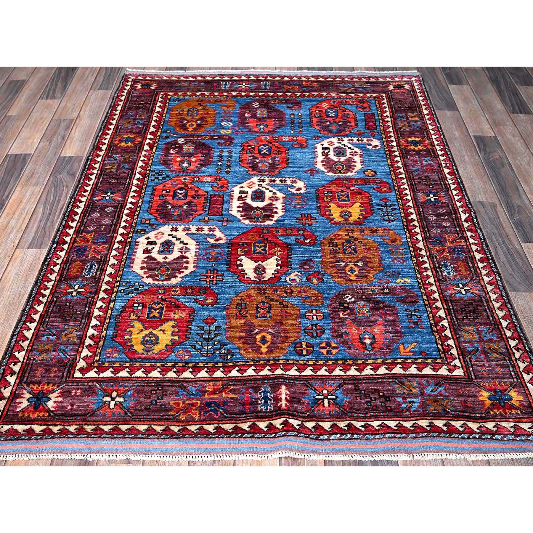 4'3"x5'8" Carolina Blue, Afghan Ersari with Turkish Knot, Caucasian Design Revival, Vegetable Dyes, Densely Woven, Hand Knotted, Soft and Velvety Wool, Oriental Rug Sh613