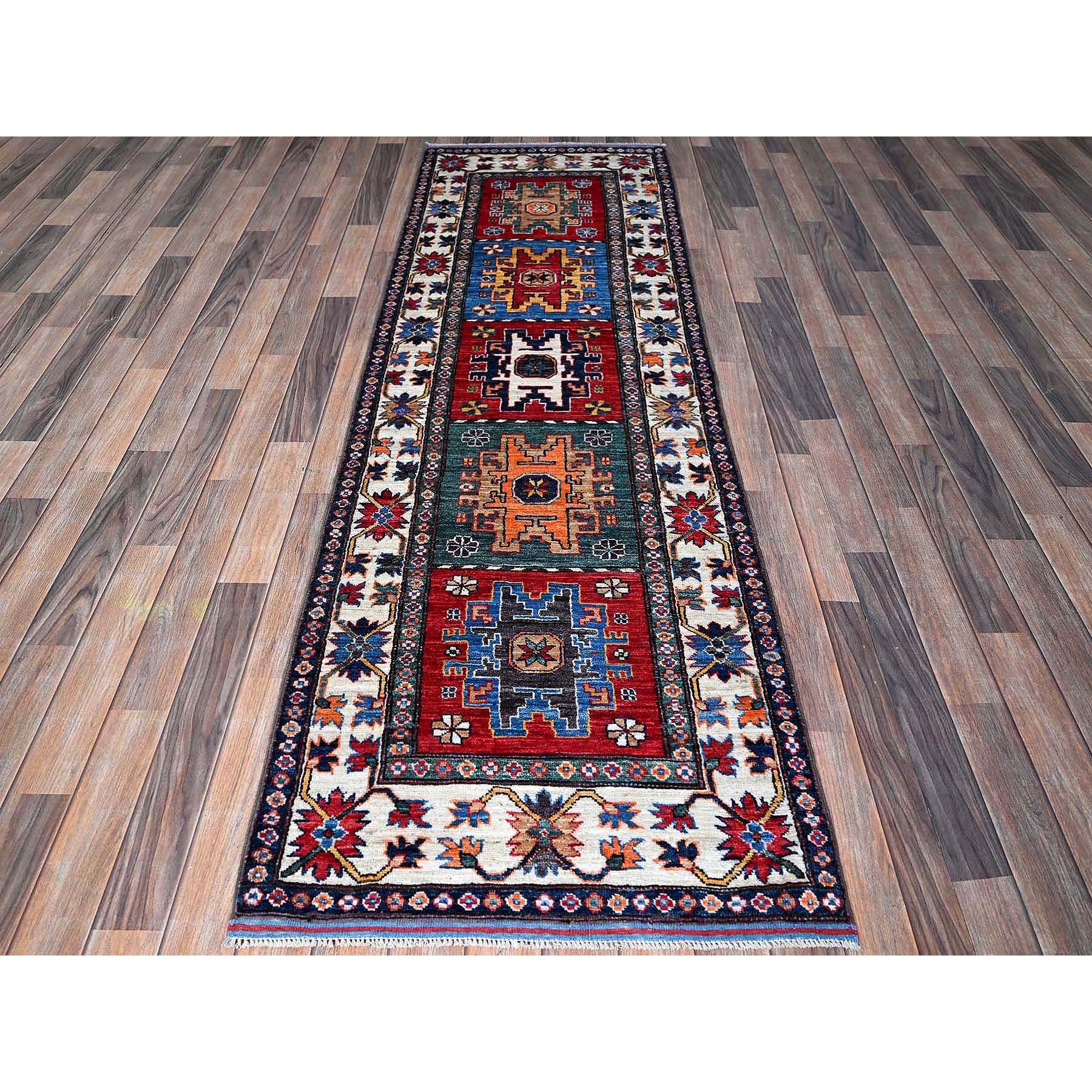 2'8"x8'2" Crimson Red, Colorful Afghan Ersari with Turkish Knot, Caucasian Design Revival, Vegetable Dyes, Densely Woven, Hand Knotted, Soft Wool, Runner, Oriental Rug Sh614