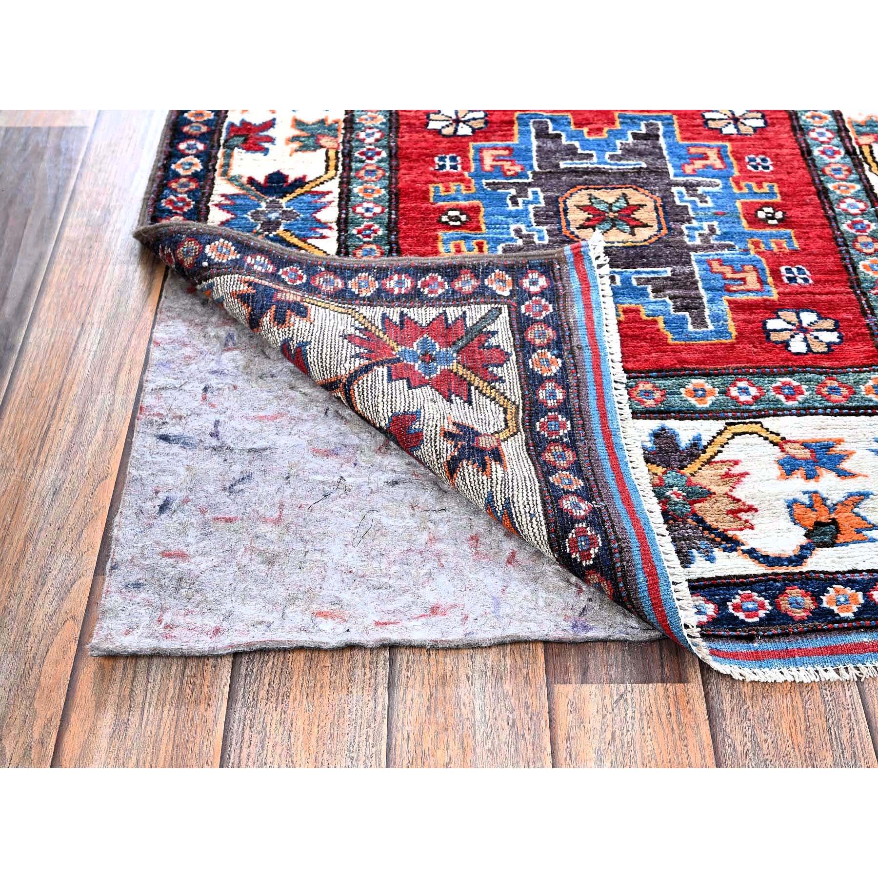 2'8"x8'2" Crimson Red, Colorful Afghan Ersari with Turkish Knot, Caucasian Design Revival, Vegetable Dyes, Densely Woven, Hand Knotted, Soft Wool, Runner, Oriental Rug Sh614