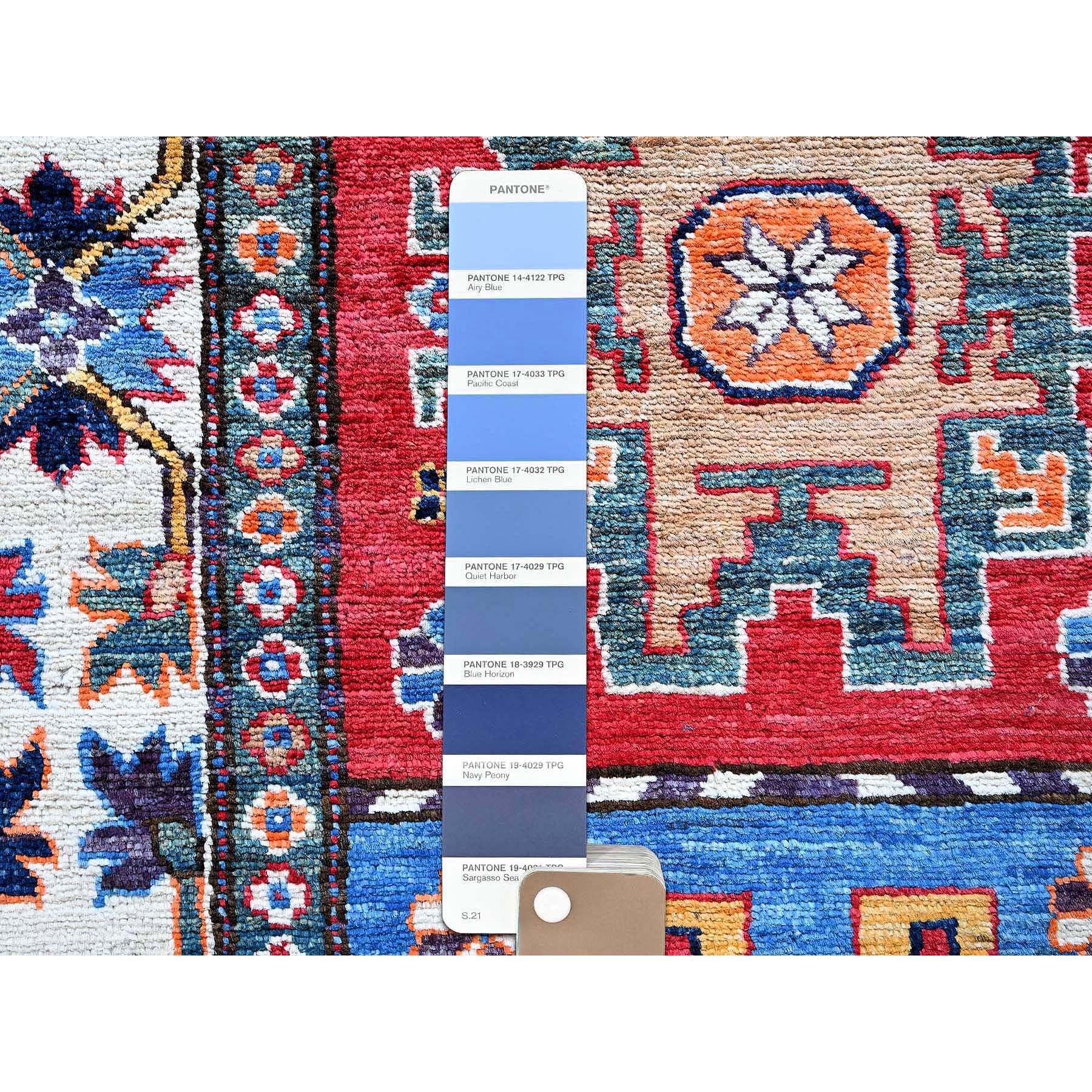 2'8"x8'2" Crimson Red, Colorful Afghan Ersari with Turkish Knot, Caucasian Design Revival, Vegetable Dyes, Densely Woven, Hand Knotted, Soft Wool, Runner, Oriental Rug Sh614