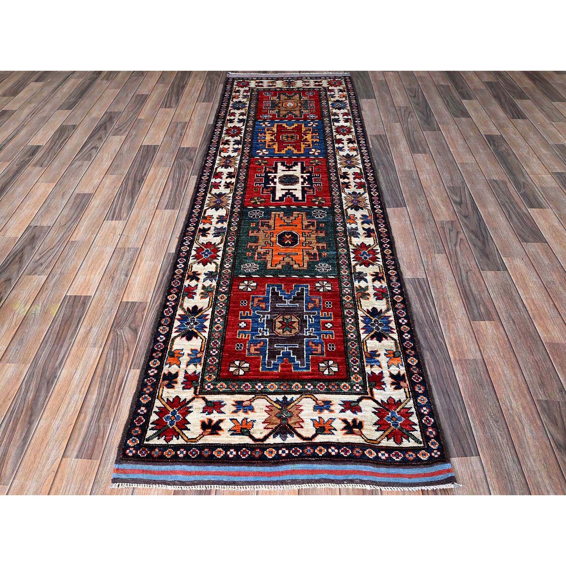 2'8"x7'7" Imperial Red, Colorful Afghan Ersari with Turkish Knot, Caucasian Design Revival, Vegetable Dyes, Densely Woven, Hand Knotted, Soft Wool, Runner, Oriental Rug Sh617