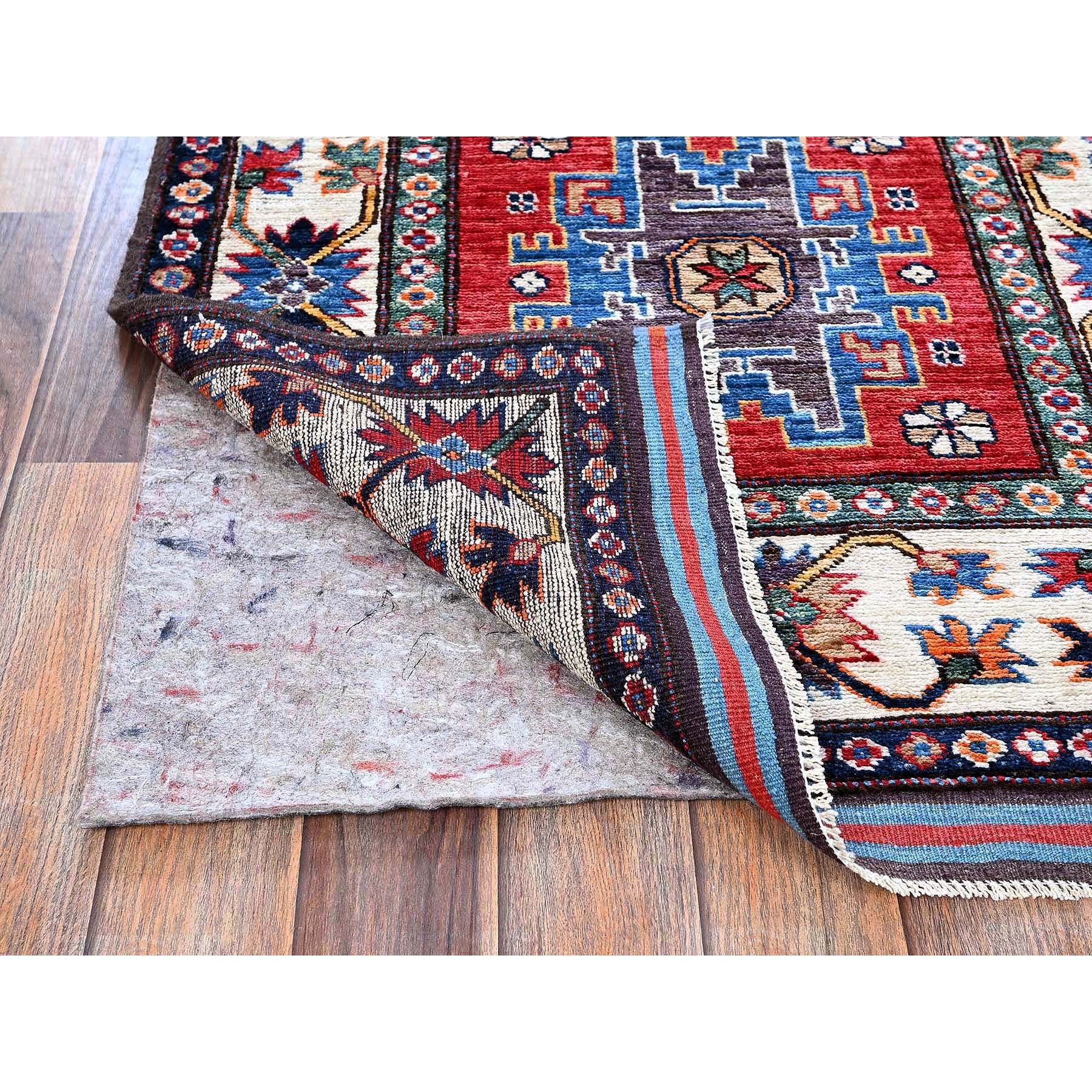 2'8"x7'7" Imperial Red, Colorful Afghan Ersari with Turkish Knot, Caucasian Design Revival, Vegetable Dyes, Densely Woven, Hand Knotted, Soft Wool, Runner, Oriental Rug Sh617