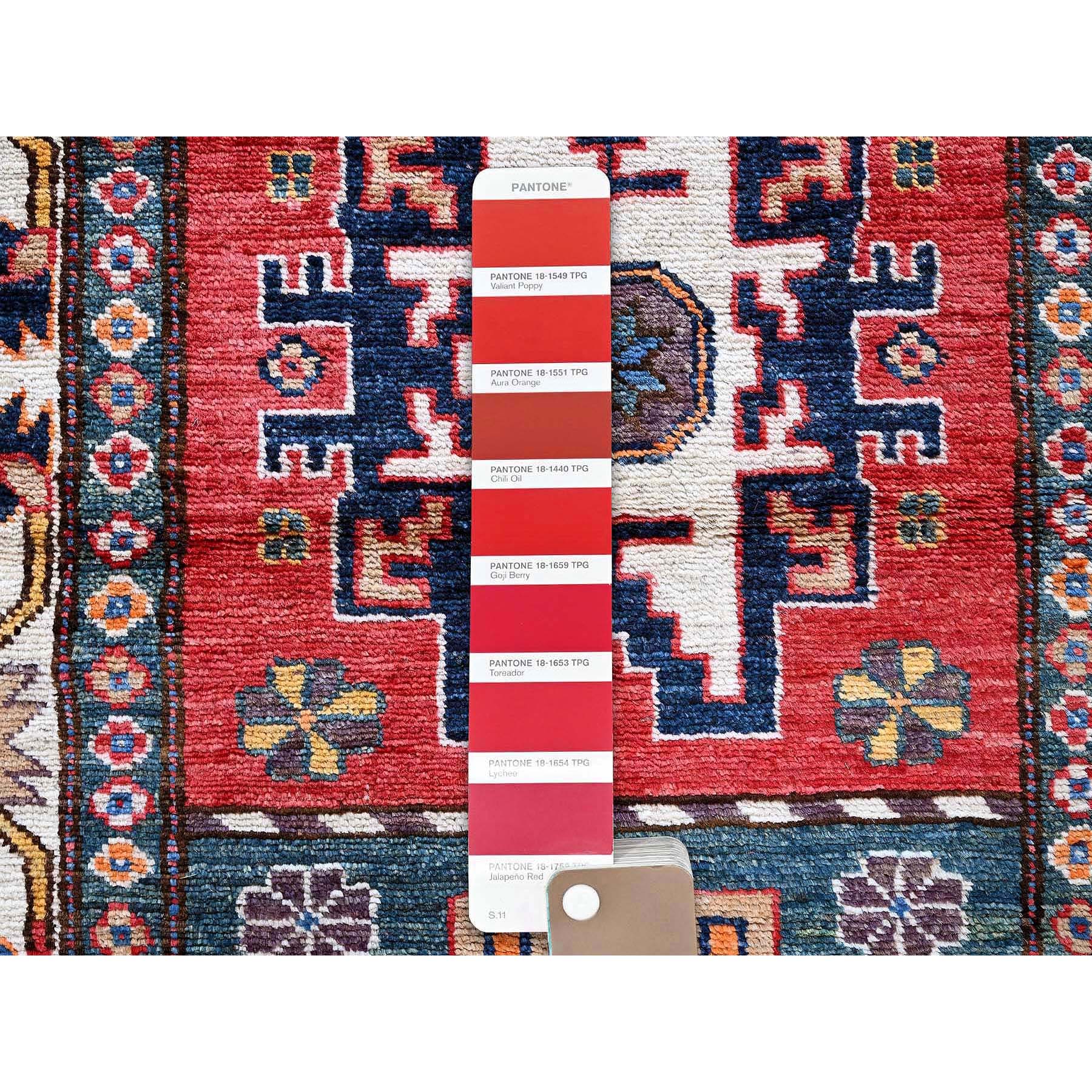 2'8"x7'7" Imperial Red, Colorful Afghan Ersari with Turkish Knot, Caucasian Design Revival, Vegetable Dyes, Densely Woven, Hand Knotted, Soft Wool, Runner, Oriental Rug Sh617