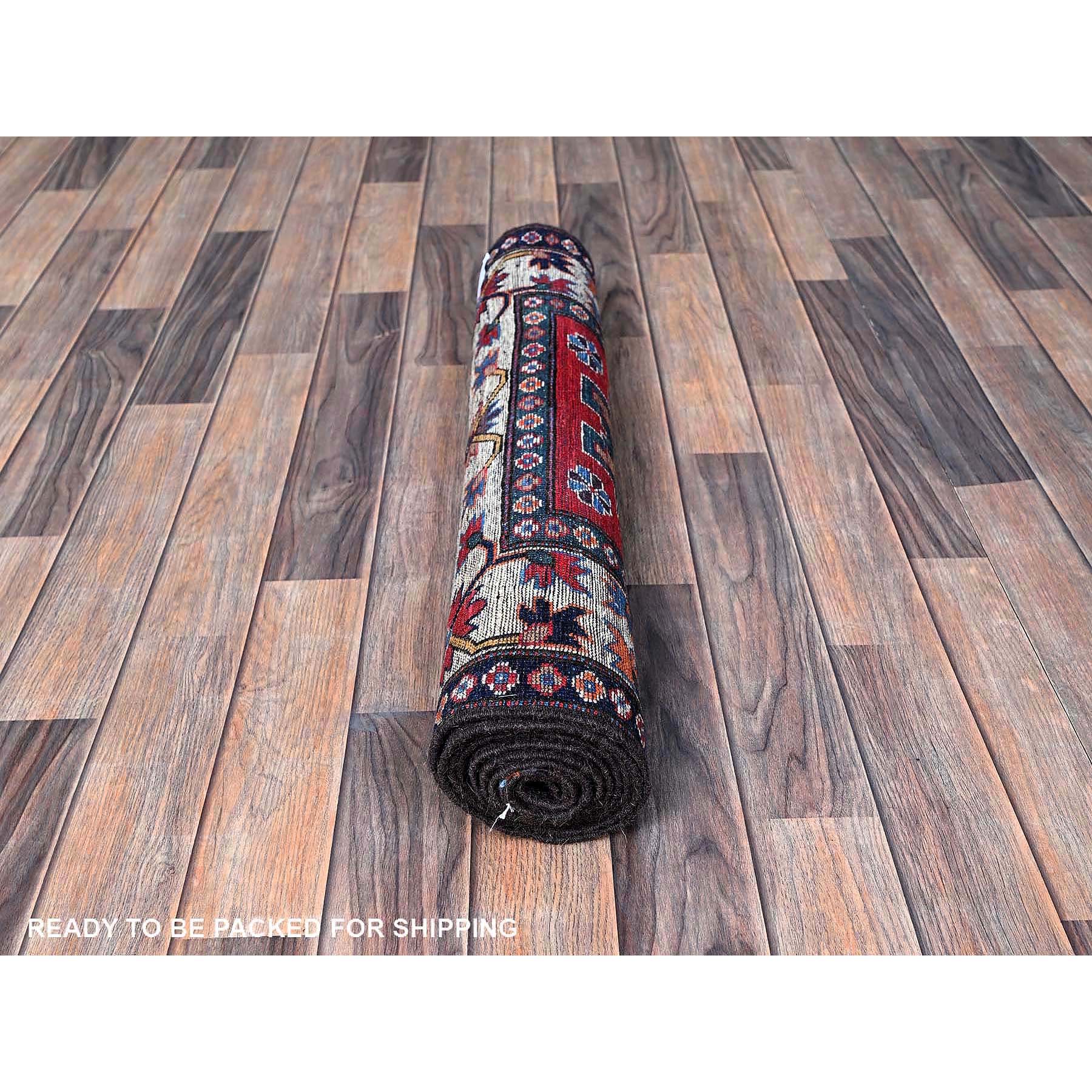 2'8"x7'7" Imperial Red, Colorful Afghan Ersari with Turkish Knot, Caucasian Design Revival, Vegetable Dyes, Densely Woven, Hand Knotted, Soft Wool, Runner, Oriental Rug Sh617