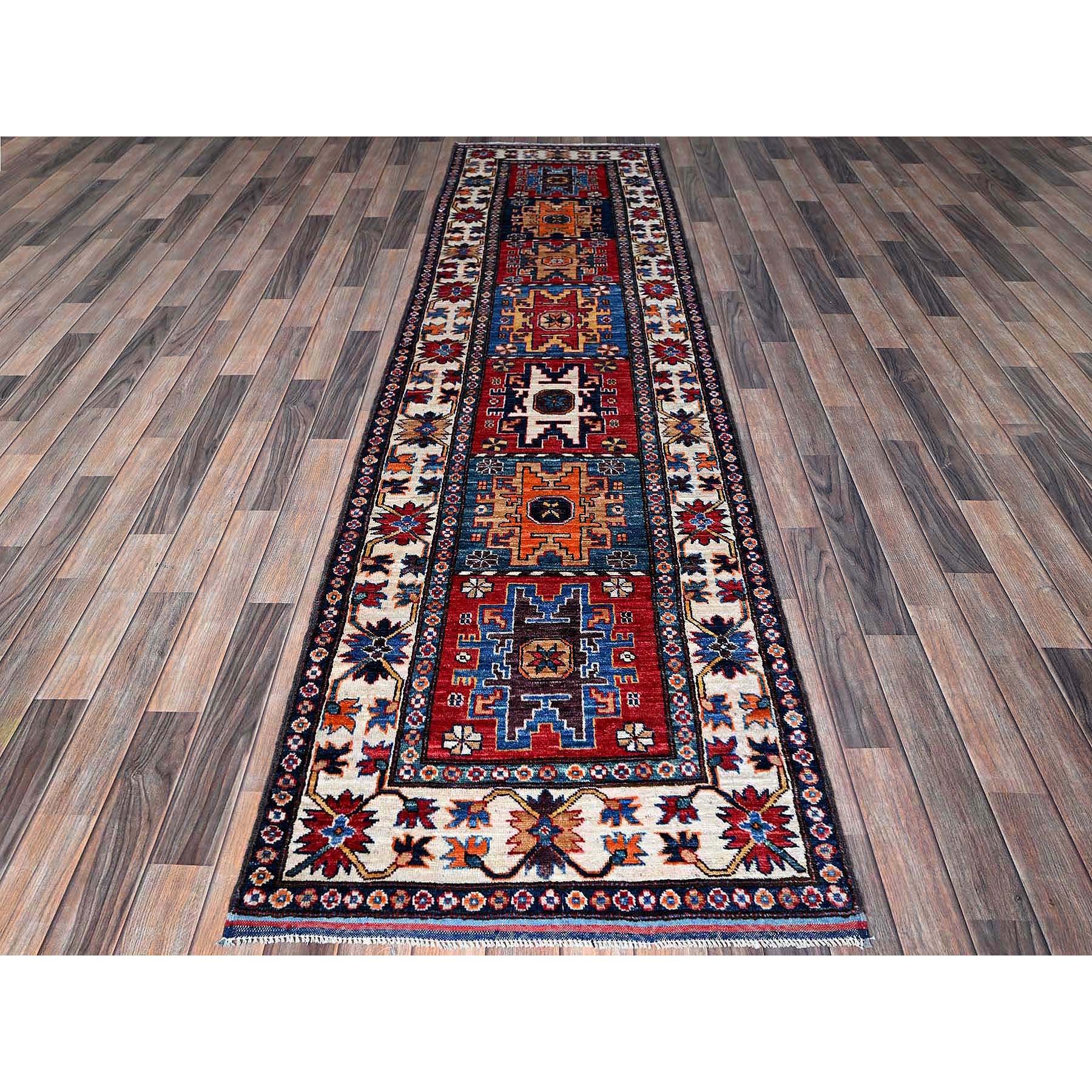 2'10"x9'8" Crimson Red, Colorful Afghan Ersari with Turkish Knot, Caucasian Design Revival, Vegetable Dyes, Hand Knotted, Soft Wool, Densely Woven, Runner, Oriental Rug Sh618