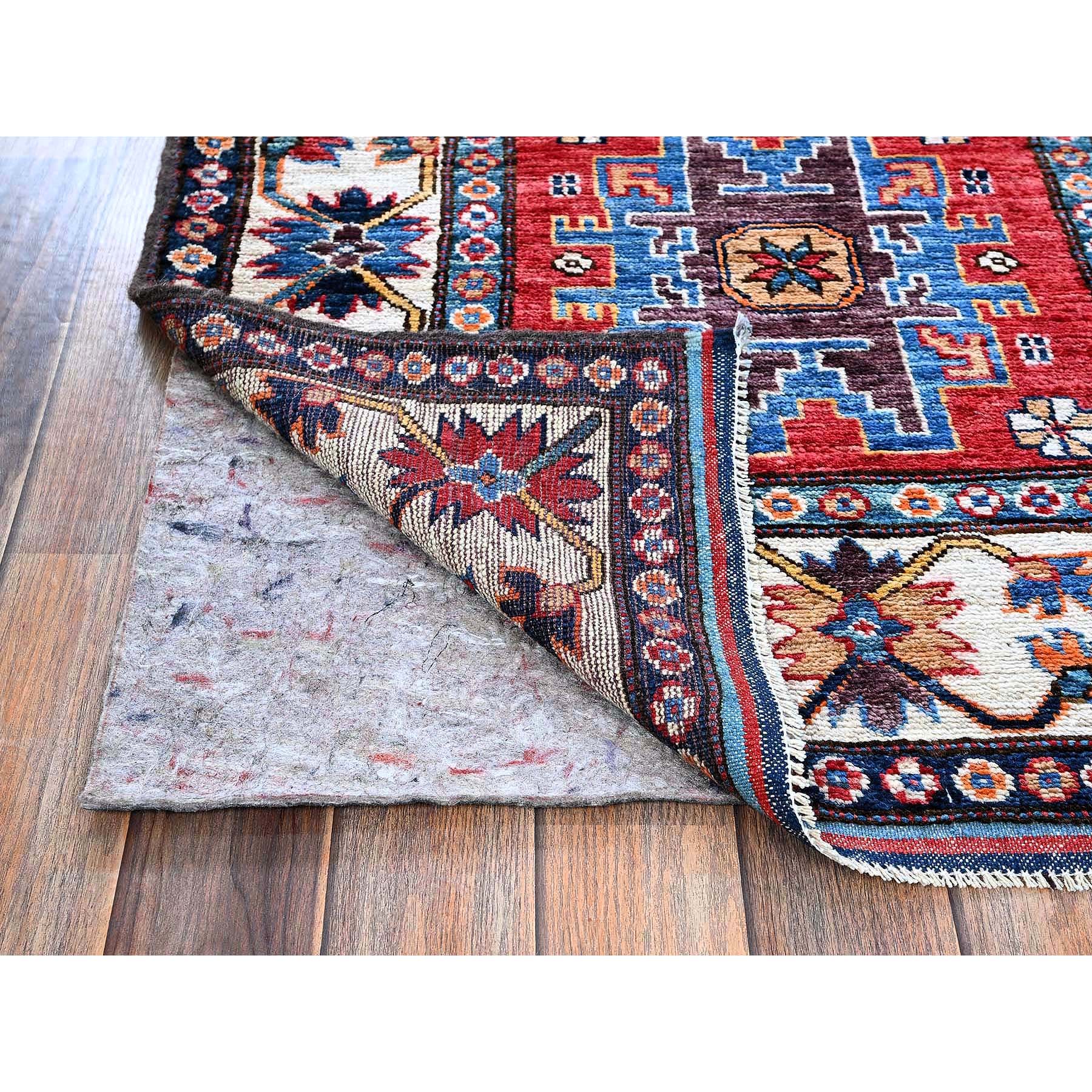 2'10"x9'8" Crimson Red, Colorful Afghan Ersari with Turkish Knot, Caucasian Design Revival, Vegetable Dyes, Hand Knotted, Soft Wool, Densely Woven, Runner, Oriental Rug Sh618