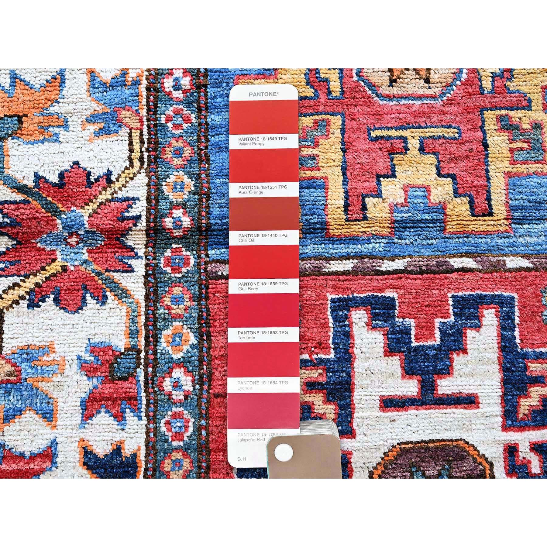 2'10"x9'8" Crimson Red, Colorful Afghan Ersari with Turkish Knot, Caucasian Design Revival, Vegetable Dyes, Hand Knotted, Soft Wool, Densely Woven, Runner, Oriental Rug Sh618