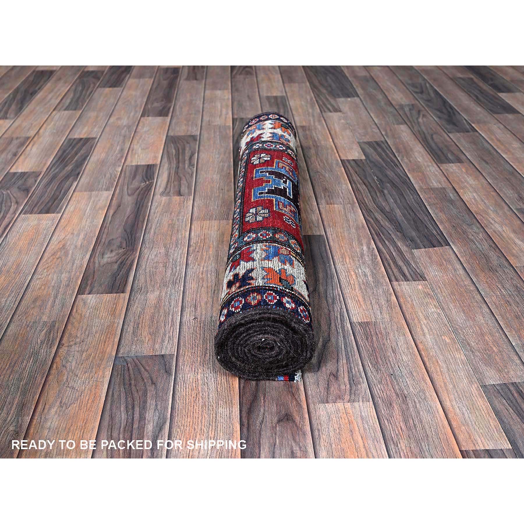 2'10"x9'8" Crimson Red, Colorful Afghan Ersari with Turkish Knot, Caucasian Design Revival, Vegetable Dyes, Hand Knotted, Soft Wool, Densely Woven, Runner, Oriental Rug Sh618