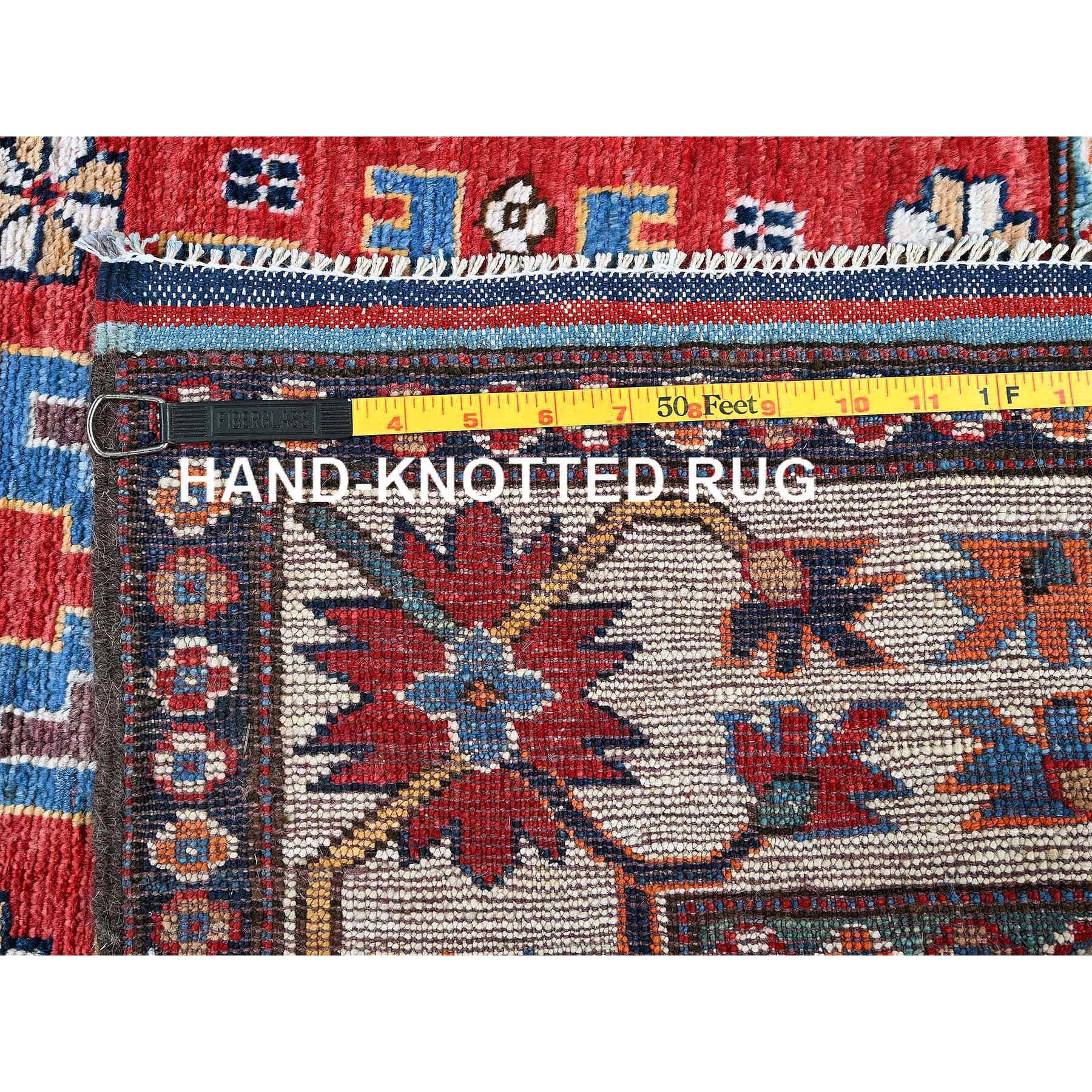 2'10"x9'8" Crimson Red, Colorful Afghan Ersari with Turkish Knot, Caucasian Design Revival, Vegetable Dyes, Hand Knotted, Soft Wool, Densely Woven, Runner, Oriental Rug Sh618