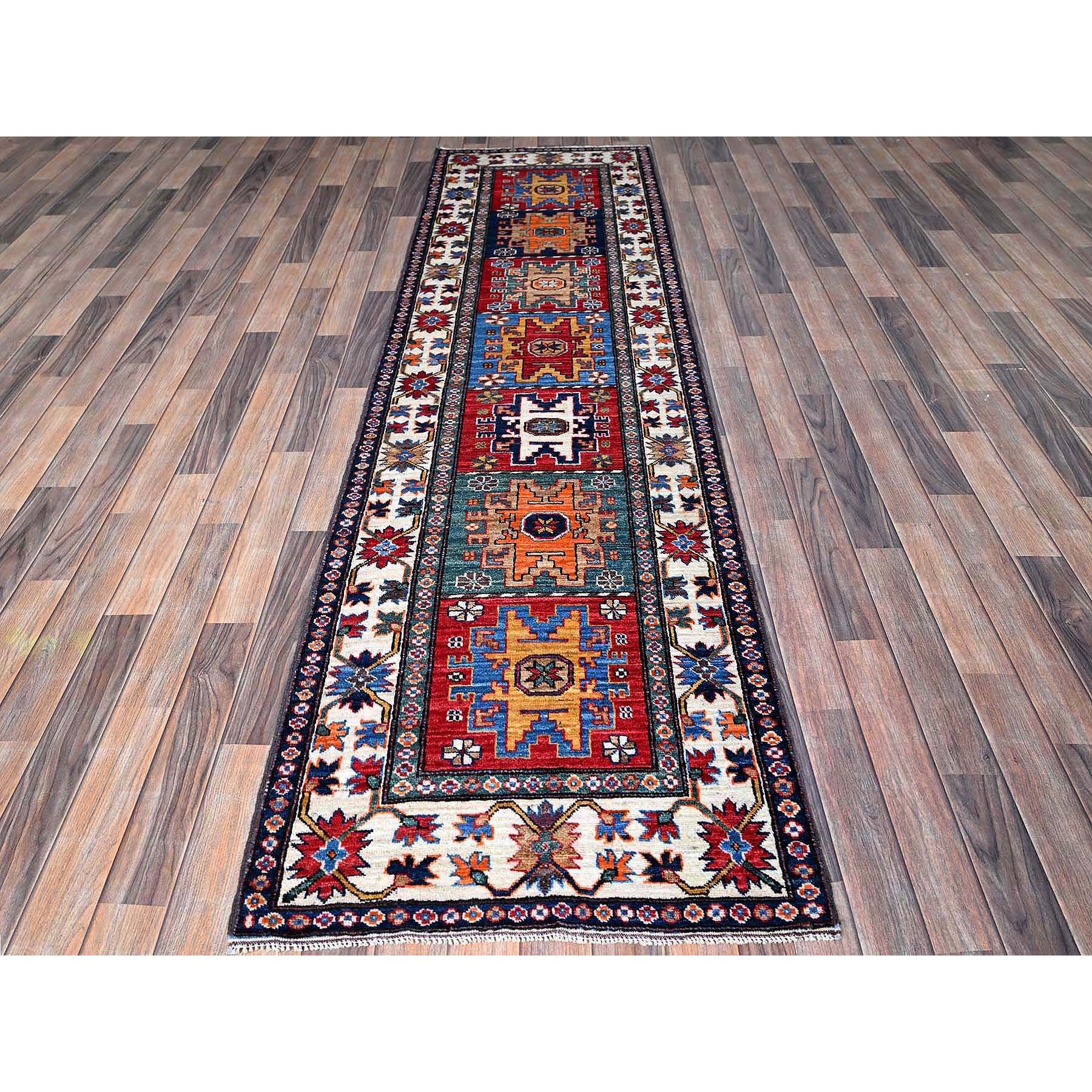 2'8"x9'2" Crimson Red, Colorful Afghan Ersari with Turkish Knot, Caucasian Design Revival, Vegetable Dyes, Densely Woven, Hand Knotted, Soft Wool, Runner, Oriental Rug Sh620