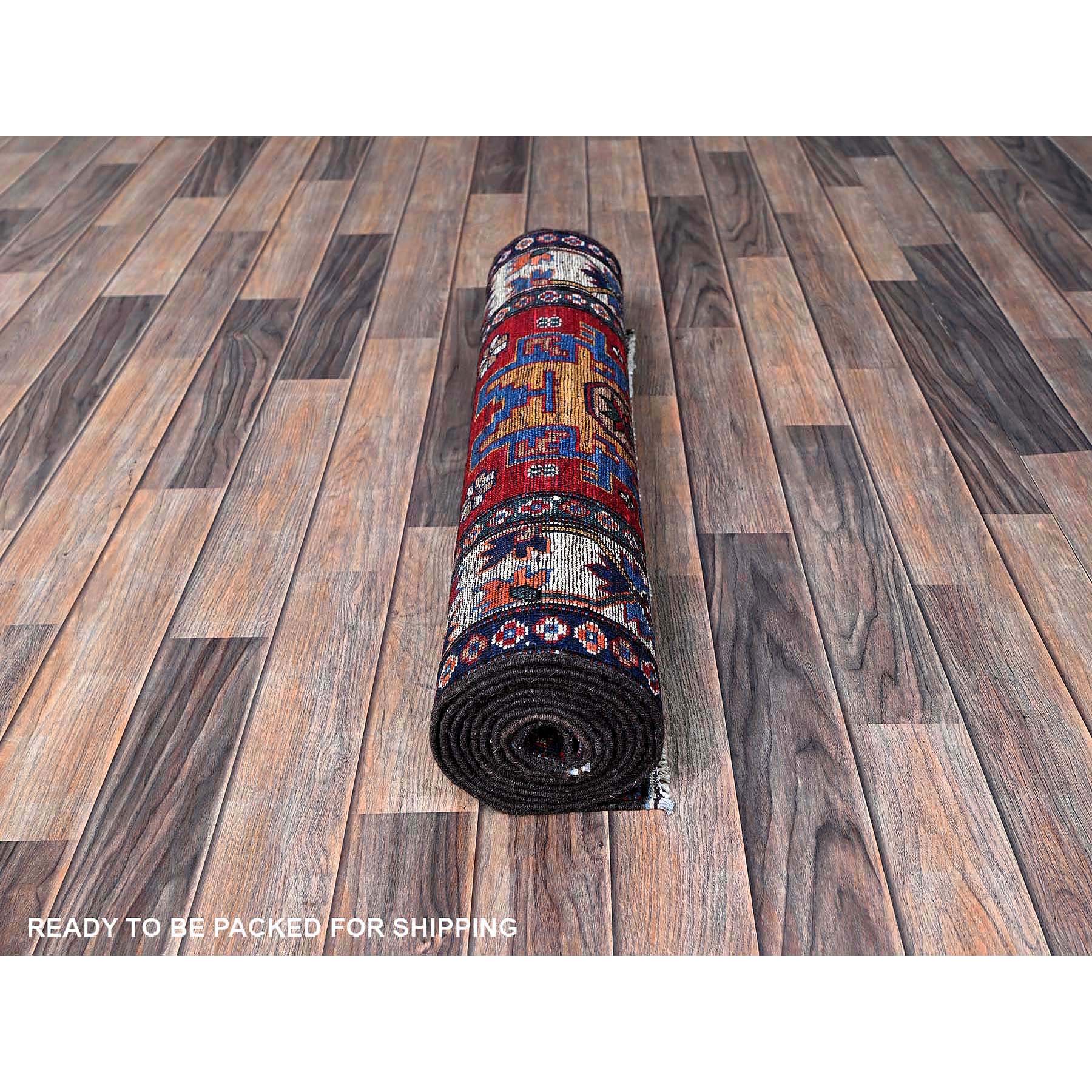 2'8"x9'2" Crimson Red, Colorful Afghan Ersari with Turkish Knot, Caucasian Design Revival, Vegetable Dyes, Densely Woven, Hand Knotted, Soft Wool, Runner, Oriental Rug Sh620