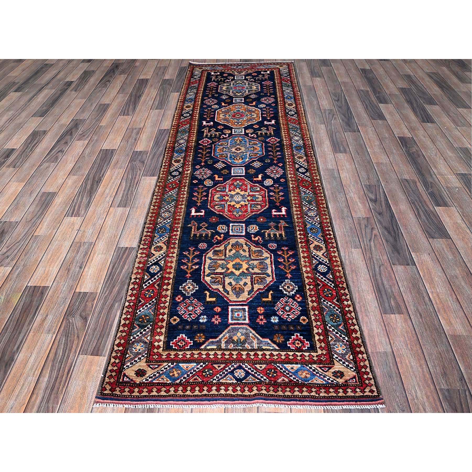 2'9"x8'4" Opal Blue, Afghan Ersari with Turkish Knot, Caucasian Design Revival, Small Animal Figurines, Vegetable Dyes, Densely Woven, Hand Knotted, Soft Wool, Runner, Oriental Rug Sh621