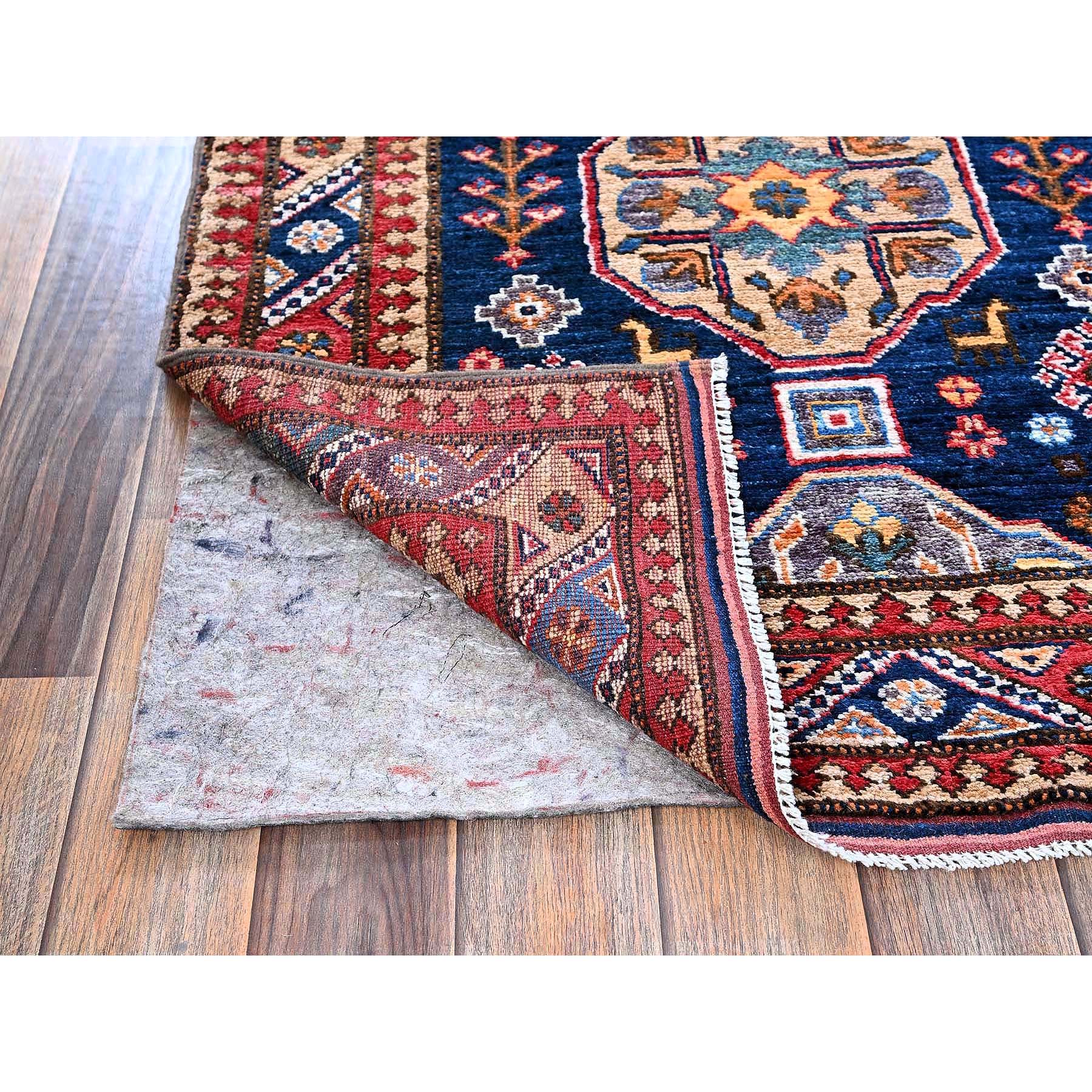 2'9"x8'4" Opal Blue, Afghan Ersari with Turkish Knot, Caucasian Design Revival, Small Animal Figurines, Vegetable Dyes, Densely Woven, Hand Knotted, Soft Wool, Runner, Oriental Rug Sh621