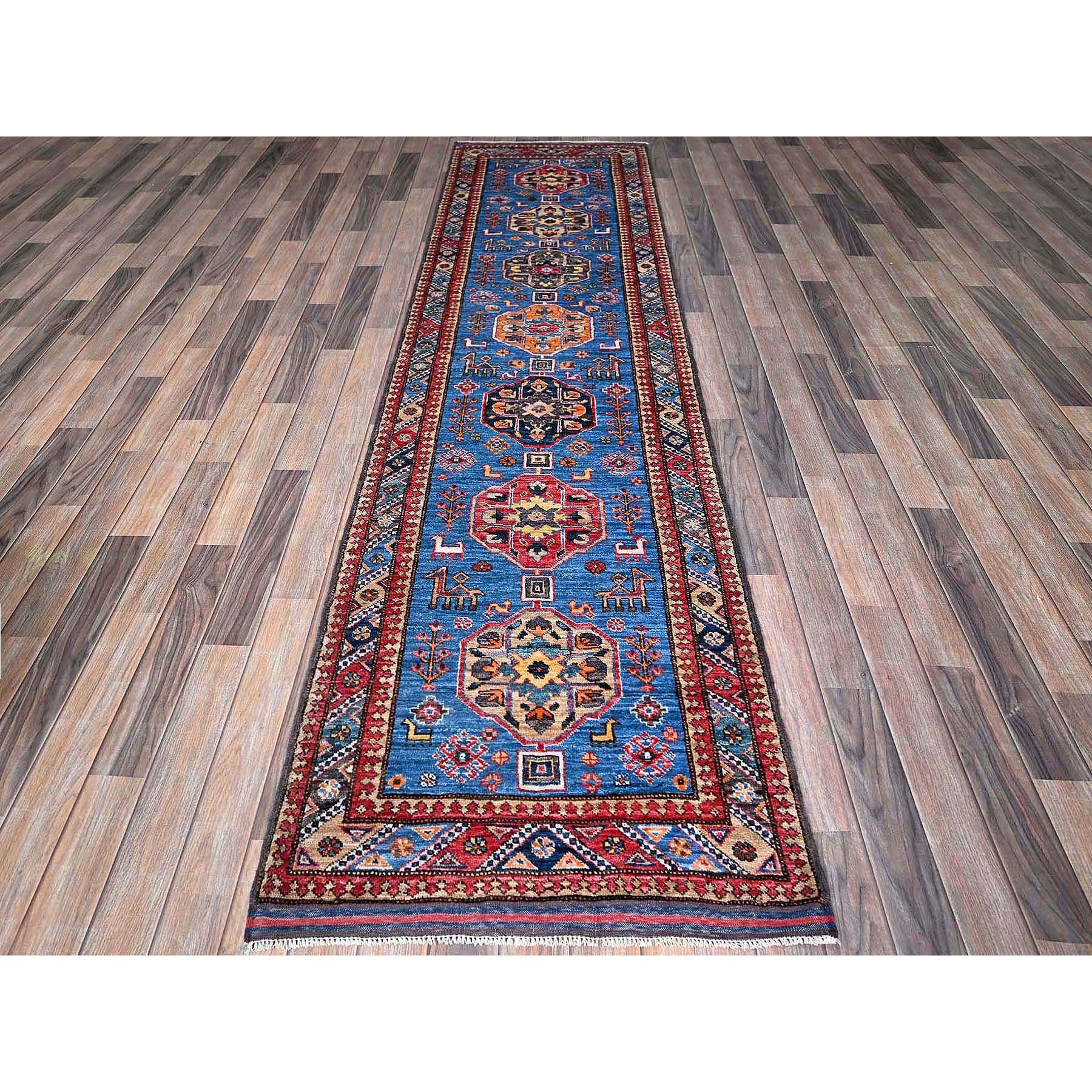 2'8"x9'7" Bayern Blue, Afghan Ersari with Turkish Knot, Caucasian Design Revival, Small Animal Figurines, Vegetable Dyes, Densely Woven, Soft Wool, Hand Knotted, Runner, Oriental Rug Sh622