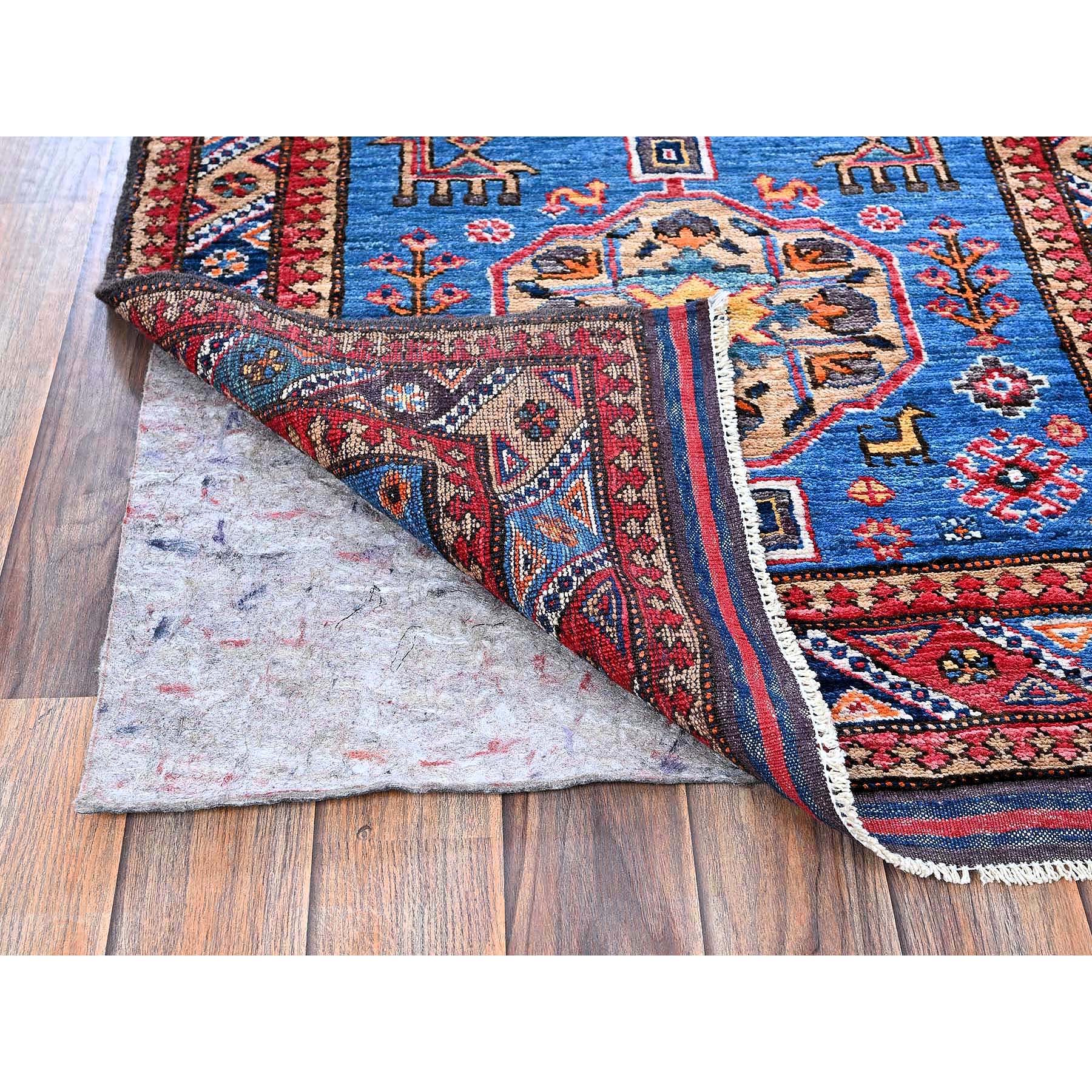 2'8"x9'7" Bayern Blue, Afghan Ersari with Turkish Knot, Caucasian Design Revival, Small Animal Figurines, Vegetable Dyes, Densely Woven, Soft Wool, Hand Knotted, Runner, Oriental Rug Sh622