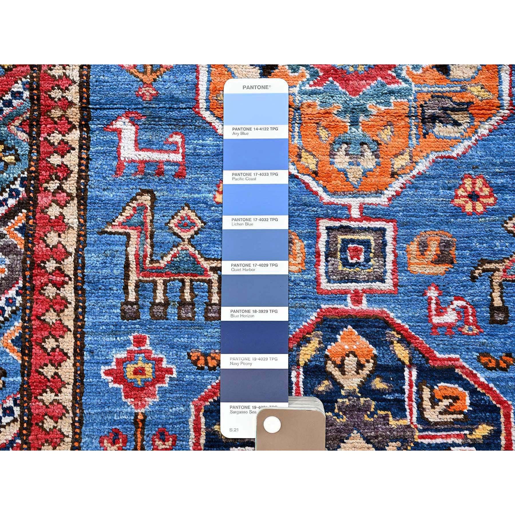 2'8"x9'7" Bayern Blue, Afghan Ersari with Turkish Knot, Caucasian Design Revival, Small Animal Figurines, Vegetable Dyes, Densely Woven, Soft Wool, Hand Knotted, Runner, Oriental Rug Sh622