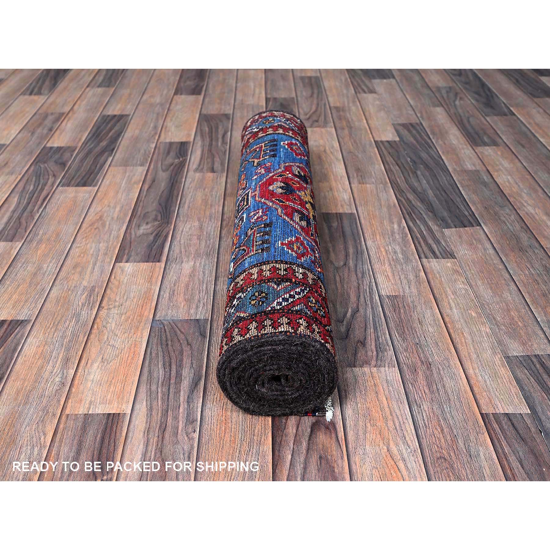 2'8"x9'7" Bayern Blue, Afghan Ersari with Turkish Knot, Caucasian Design Revival, Small Animal Figurines, Vegetable Dyes, Densely Woven, Soft Wool, Hand Knotted, Runner, Oriental Rug Sh622