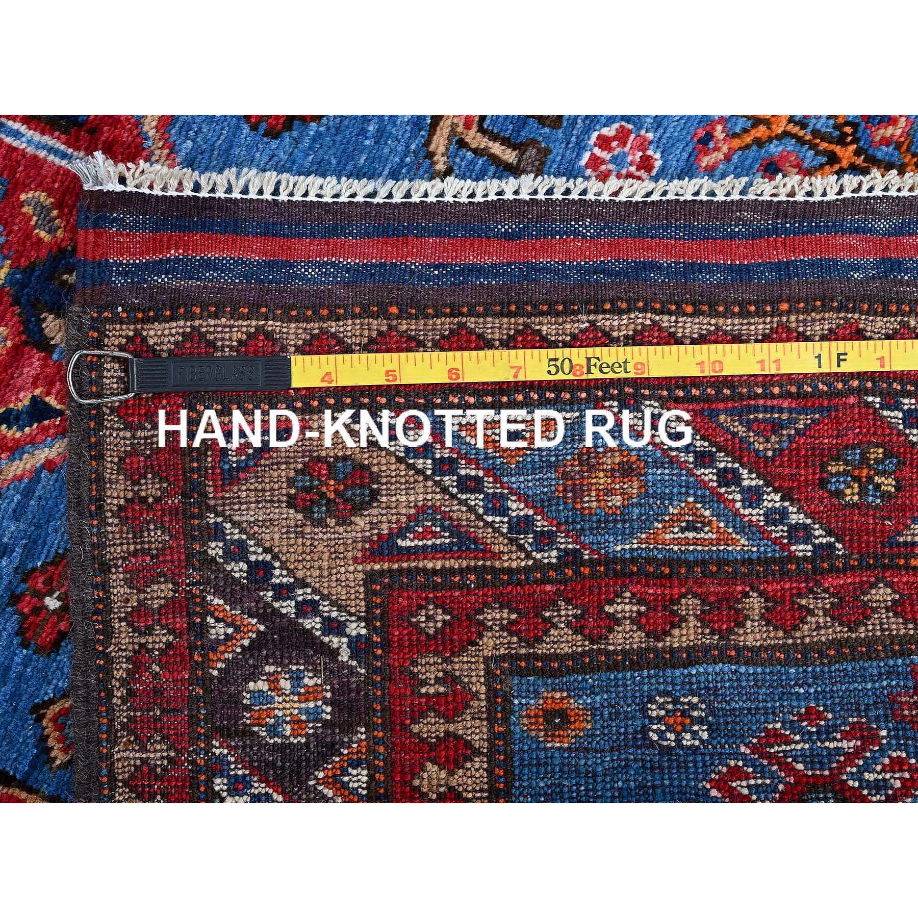 2'8"x9'7" Bayern Blue, Afghan Ersari with Turkish Knot, Caucasian Design Revival, Small Animal Figurines, Vegetable Dyes, Densely Woven, Soft Wool, Hand Knotted, Runner, Oriental Rug Sh622