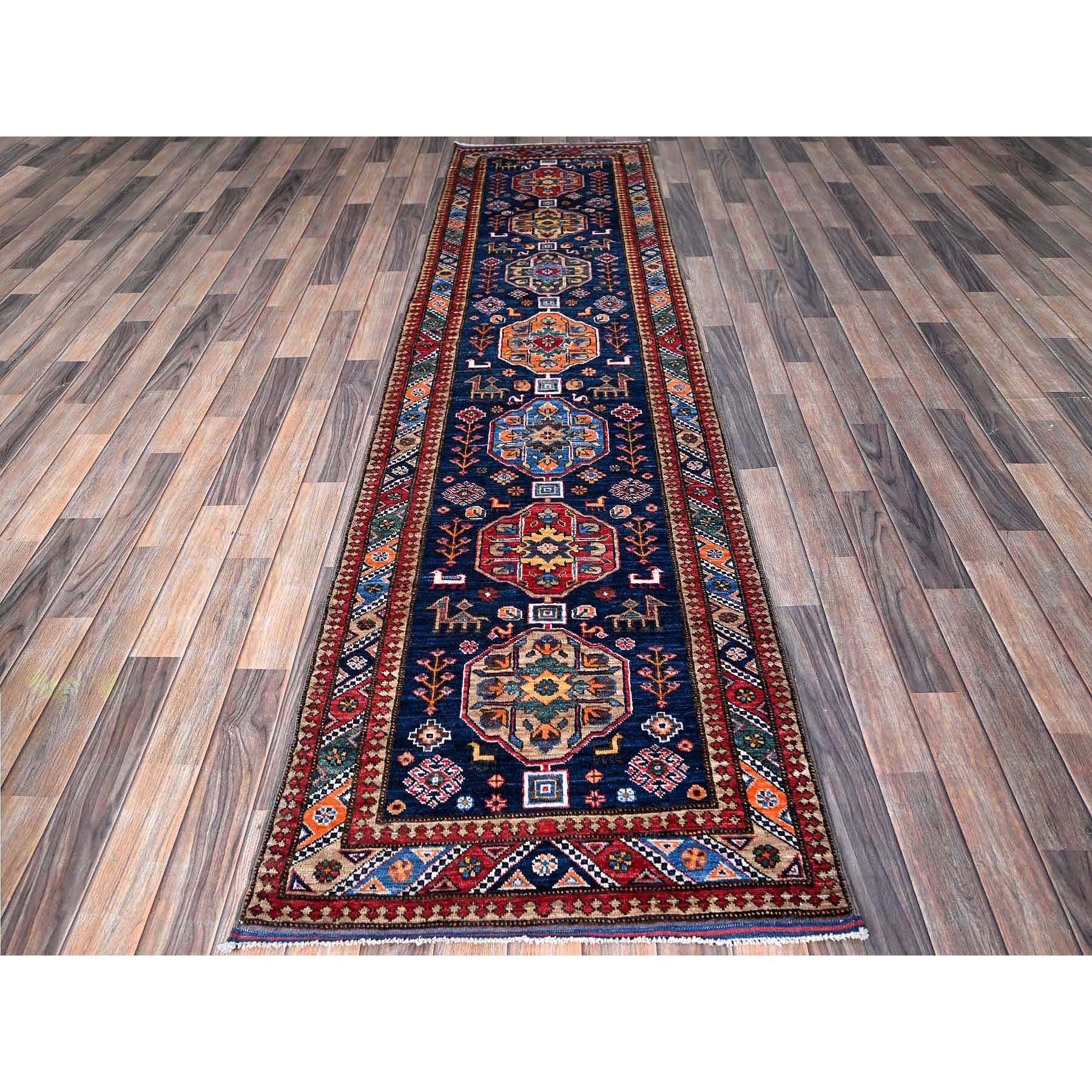 2'8"x9'6" Navy Blue, Afghan Ersari with Turkish Knot, Caucasian Design Revival, Small Animal Figurines, Vegetable Dyes, Densely Woven, Hand Knotted, Soft Wool, Runner, Oriental Rug Sh623