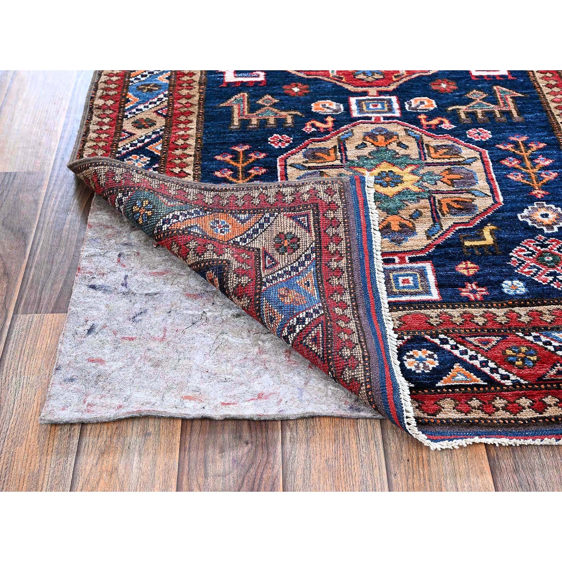 2'8"x9'6" Navy Blue, Afghan Ersari with Turkish Knot, Caucasian Design Revival, Small Animal Figurines, Vegetable Dyes, Densely Woven, Hand Knotted, Soft Wool, Runner, Oriental Rug Sh623