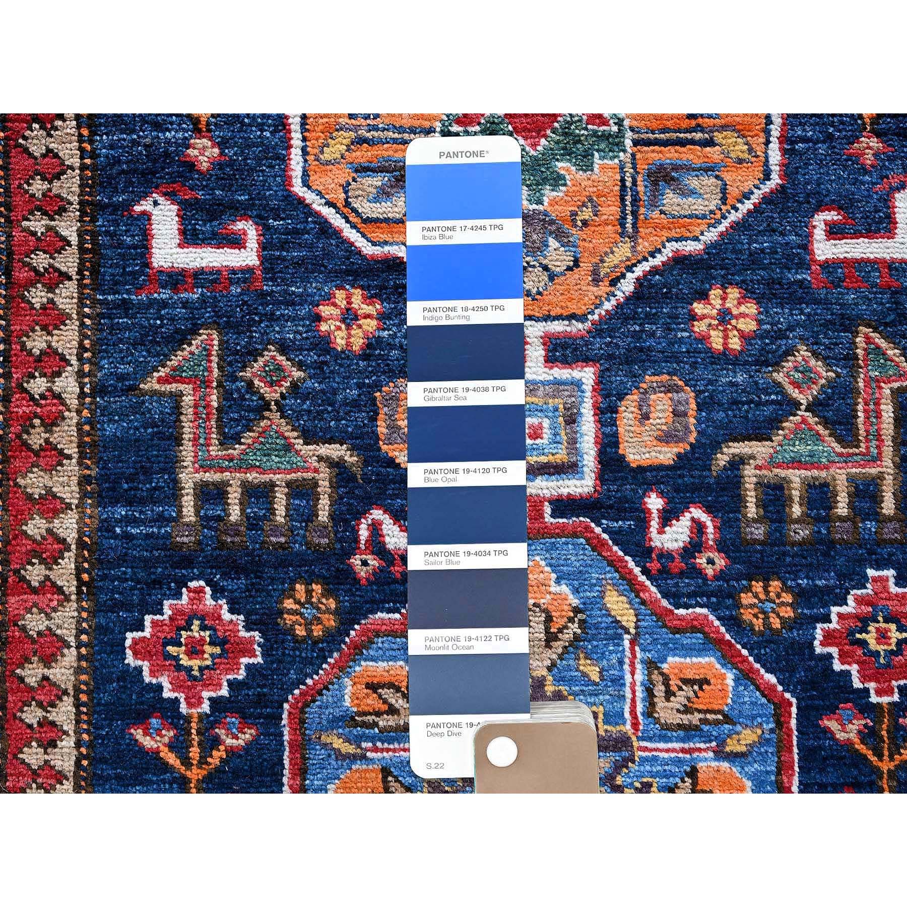 2'8"x9'6" Navy Blue, Afghan Ersari with Turkish Knot, Caucasian Design Revival, Small Animal Figurines, Vegetable Dyes, Densely Woven, Hand Knotted, Soft Wool, Runner, Oriental Rug Sh623