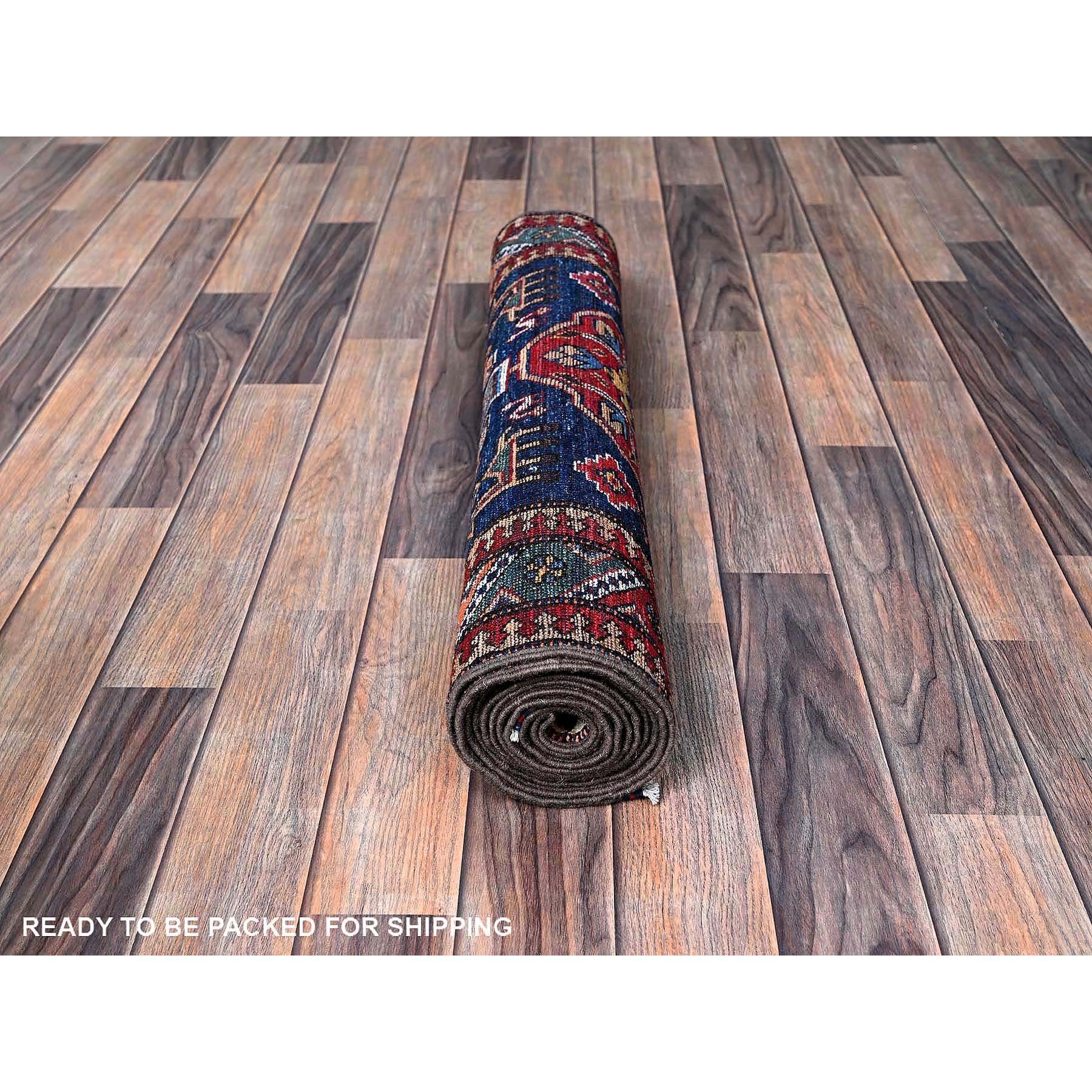 2'8"x9'6" Navy Blue, Afghan Ersari with Turkish Knot, Caucasian Design Revival, Small Animal Figurines, Vegetable Dyes, Densely Woven, Hand Knotted, Soft Wool, Runner, Oriental Rug Sh623