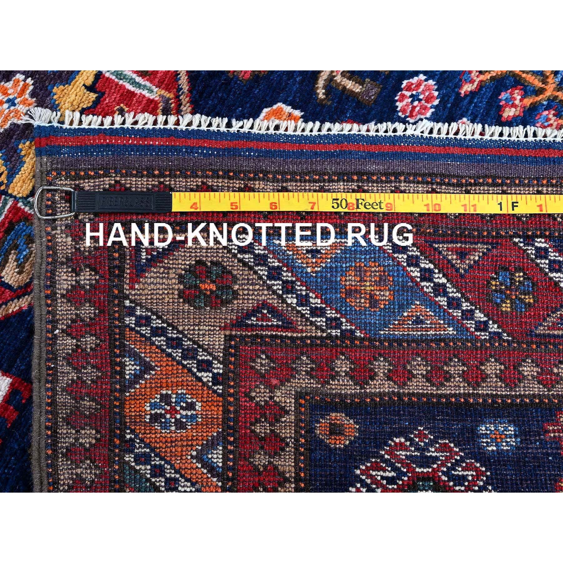 2'8"x9'6" Navy Blue, Afghan Ersari with Turkish Knot, Caucasian Design Revival, Small Animal Figurines, Vegetable Dyes, Densely Woven, Hand Knotted, Soft Wool, Runner, Oriental Rug Sh623