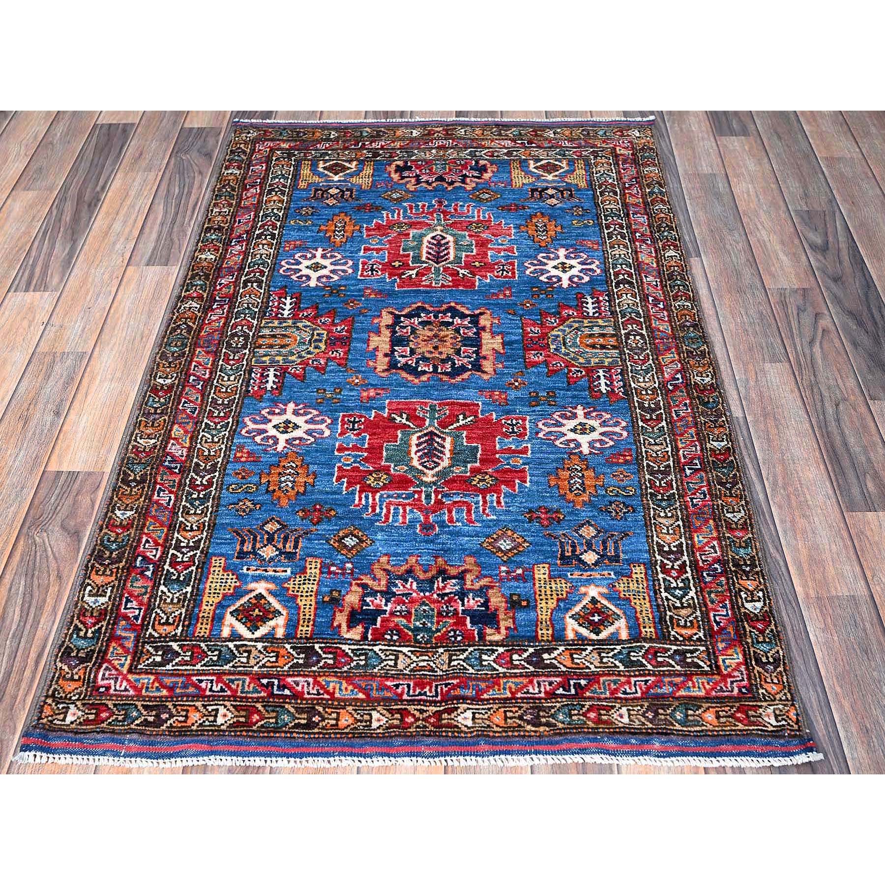 3'x4'6" Bayern Blue, Afghan Ersari with Turkish Knot, Caucasian Design Revival, Vegetable Dyes, Densely Woven, Hand Knotted, Soft and Velvety Wool, Oriental Rug Sh627
