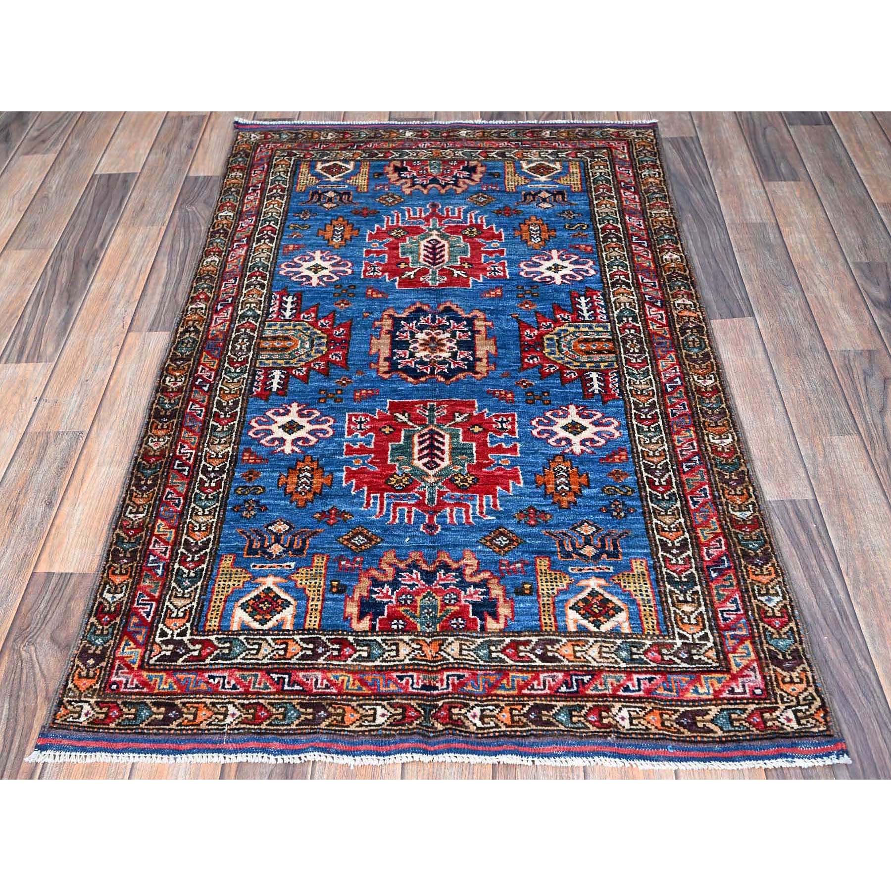 2'10"x4'6" Carolina Blue, Afghan Ersari with Turkish Knot, Caucasian Design Revival, Vegetable Dyes, Densely Woven, Hand Knotted, Soft Wool, Oriental Rug Sh628