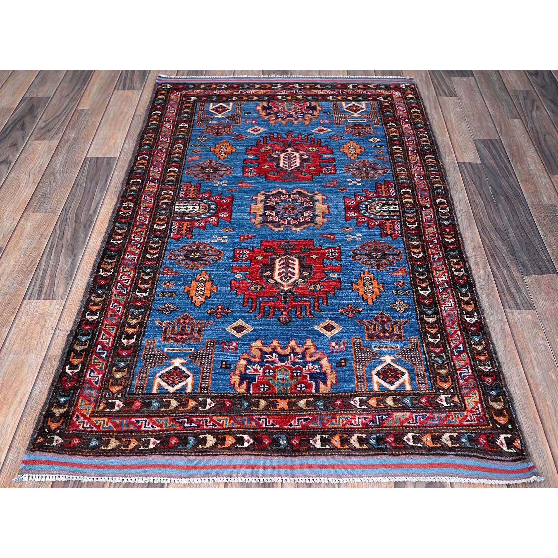 3'x4'8" Bayern Blue, Afghan Ersari with Turkish Knot, Caucasian Design Revival, Vegetable Dyes, Densely Woven, Hand Knotted, Soft and Velvety Wool, Oriental Rug Sh630