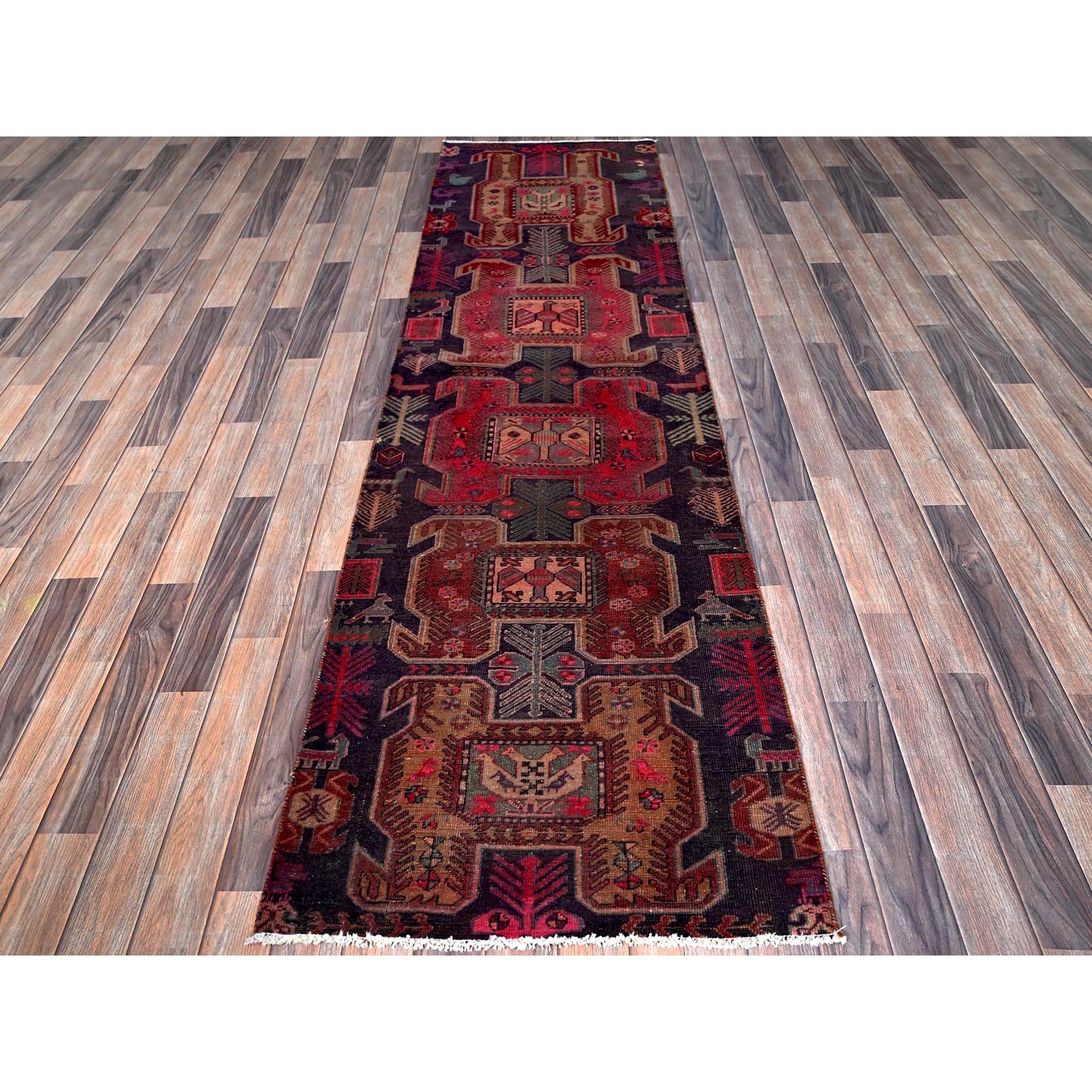 2'6"x8'10" Wine Red, Vintage Northwest Persian with Bird Figurines, Shaved Down, Zero Pile, Sides and Ends Professionally Secured, Hand Knotted, Pure Wool, Runner, Oriental Rug Sh631