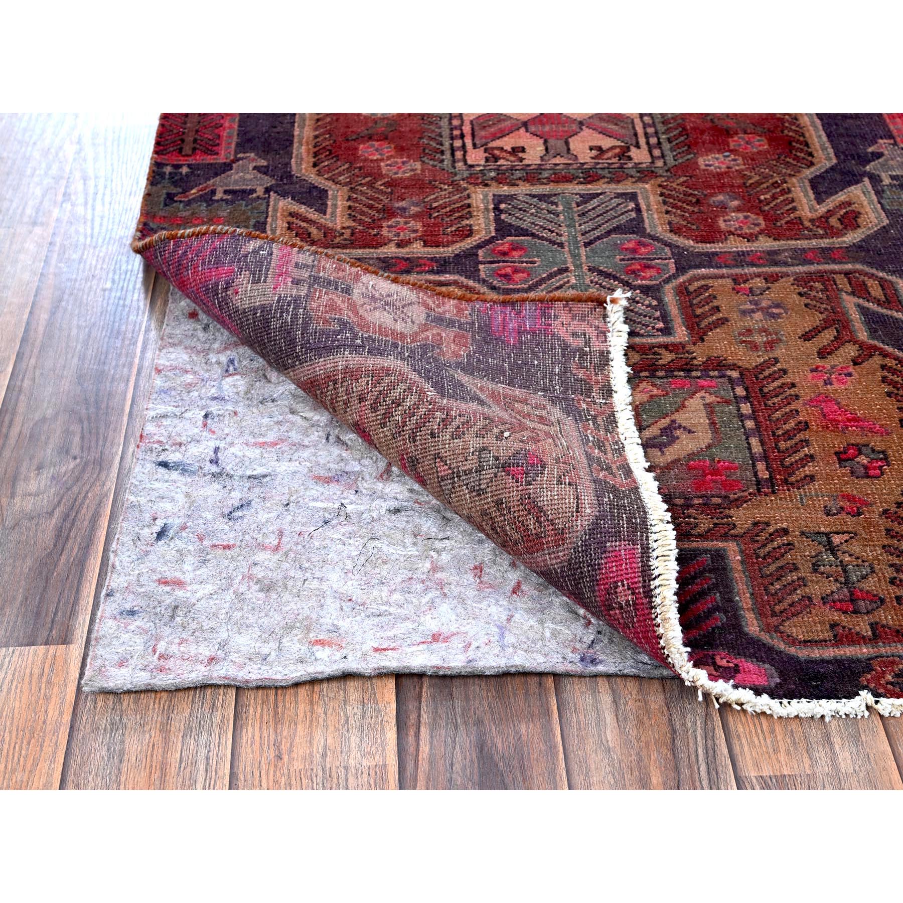 2'6"x8'10" Wine Red, Vintage Northwest Persian with Bird Figurines, Shaved Down, Zero Pile, Sides and Ends Professionally Secured, Hand Knotted, Pure Wool, Runner, Oriental Rug Sh631