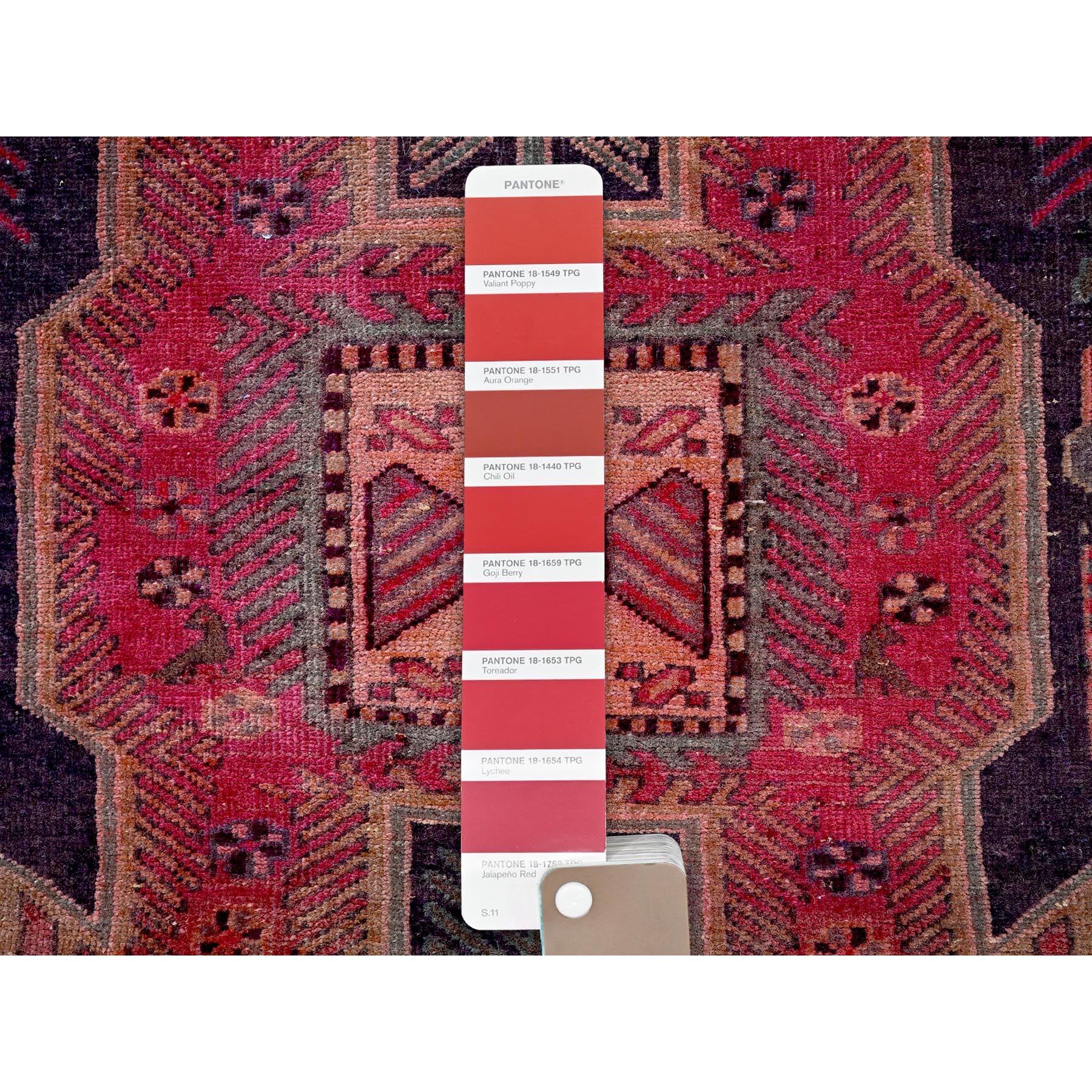2'6"x8'10" Wine Red, Vintage Northwest Persian with Bird Figurines, Shaved Down, Zero Pile, Sides and Ends Professionally Secured, Hand Knotted, Pure Wool, Runner, Oriental Rug Sh631