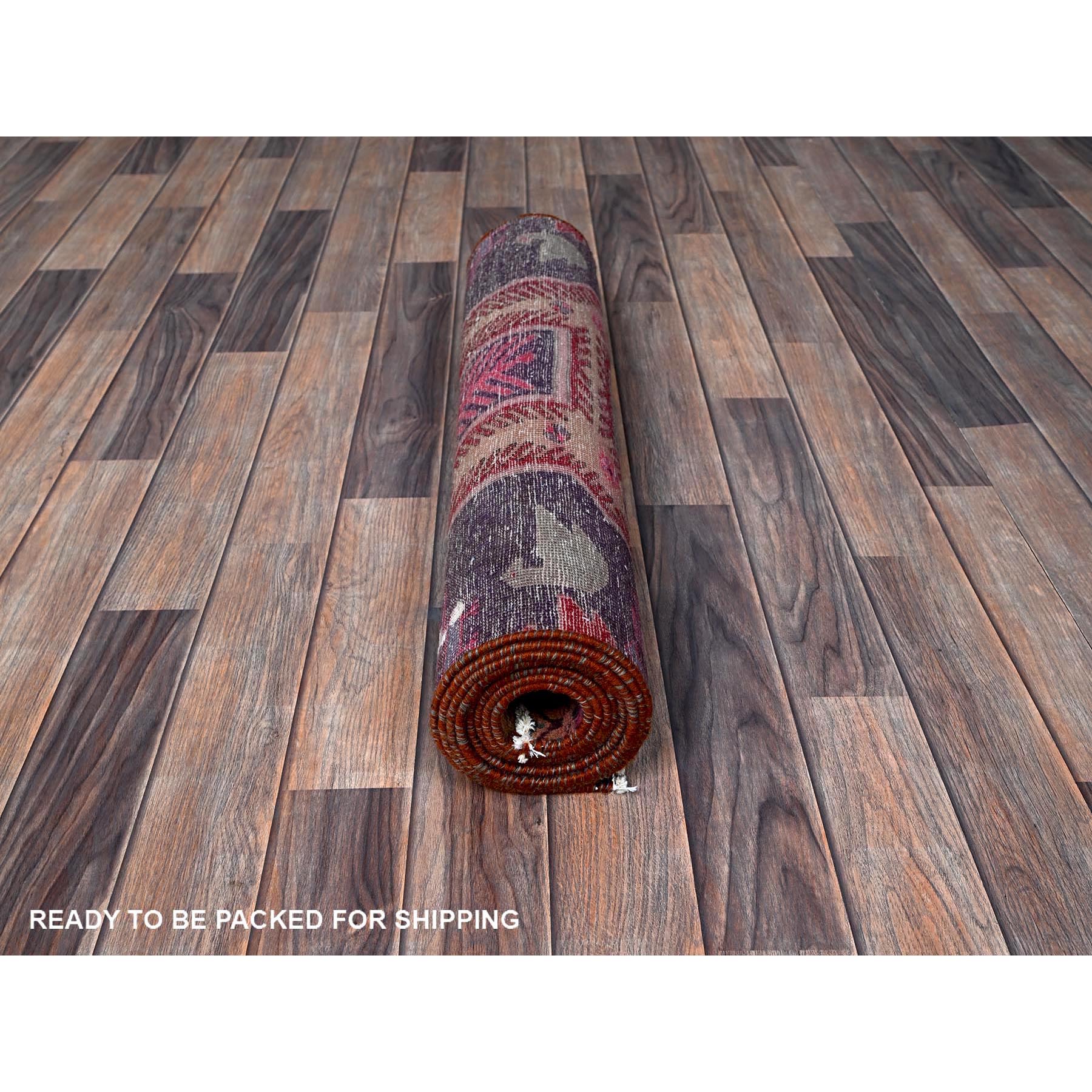 2'6"x8'10" Wine Red, Vintage Northwest Persian with Bird Figurines, Shaved Down, Zero Pile, Sides and Ends Professionally Secured, Hand Knotted, Pure Wool, Runner, Oriental Rug Sh631